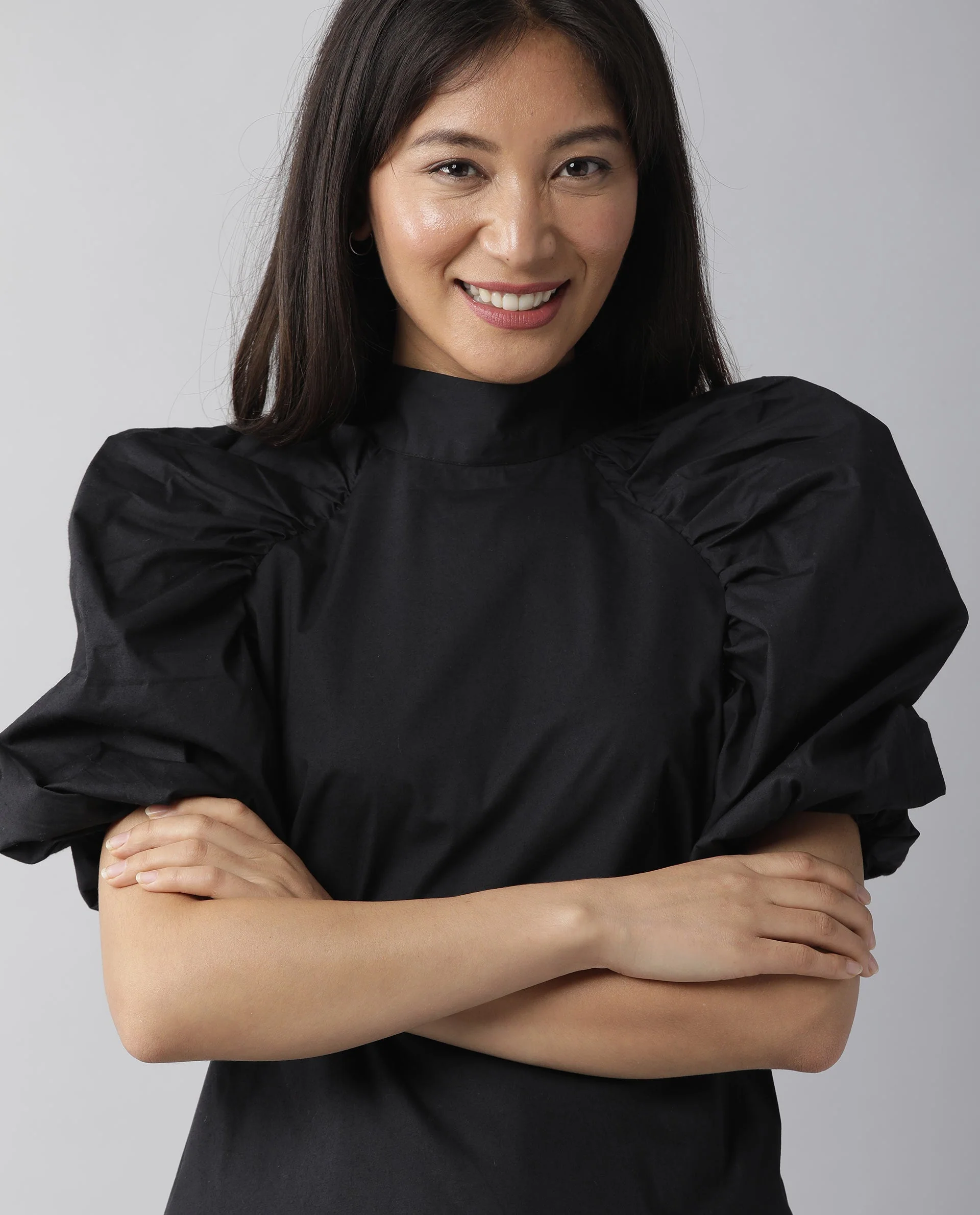 Rareism Women's Slosh Black Cotton Blend Sweetheart Neck Plain Puff Sleeves Regular Fit Top - Image 2