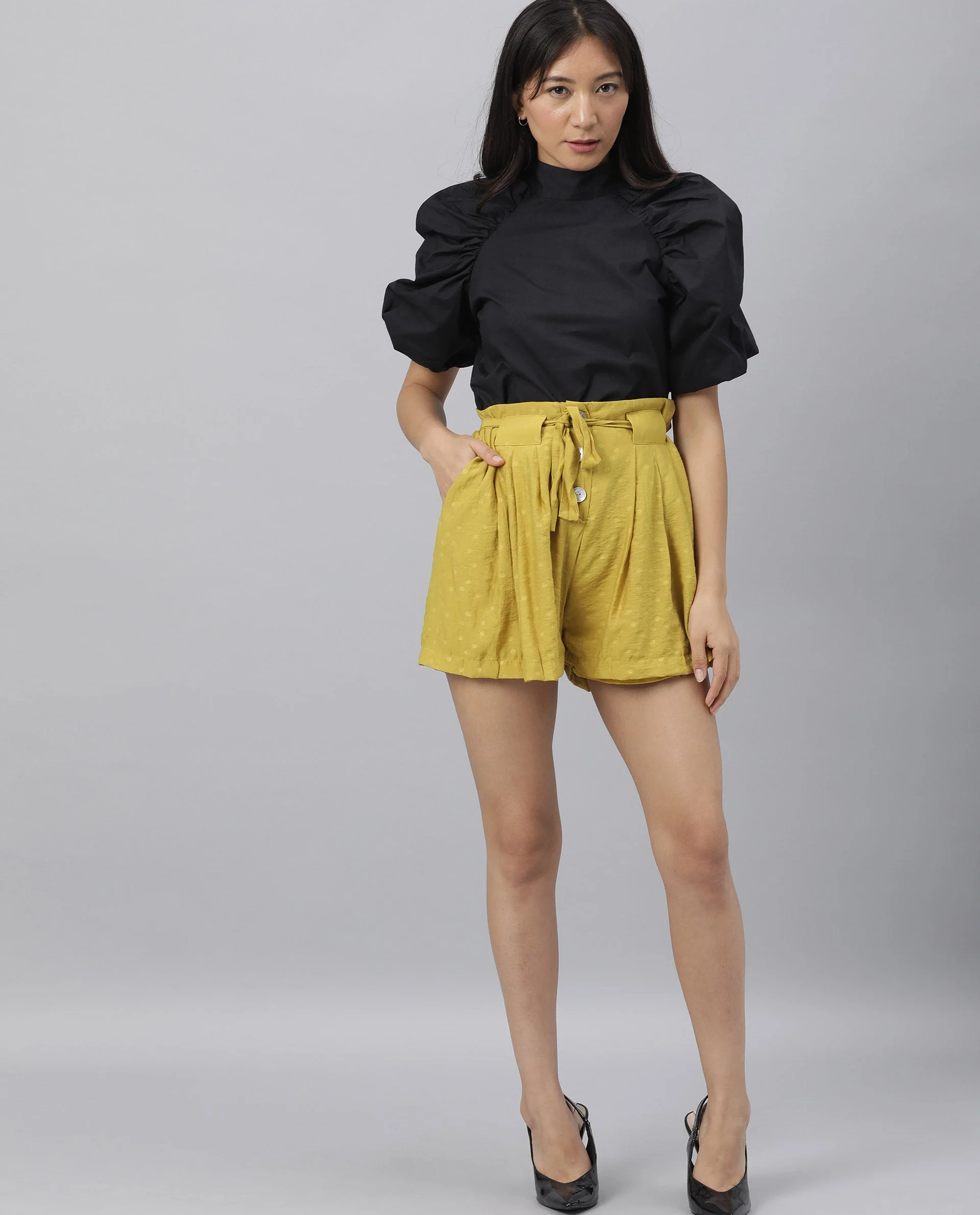 Rareism Women's Slosh Black Cotton Blend Sweetheart Neck Plain Puff Sleeves Regular Fit Top - Image 4