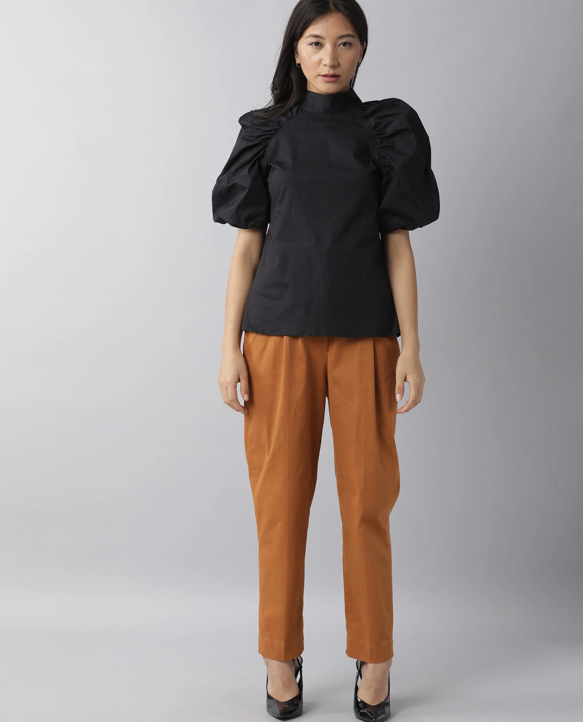 Rareism Women's Slosh Black Cotton Blend Sweetheart Neck Plain Puff Sleeves Regular Fit Top - Image 6