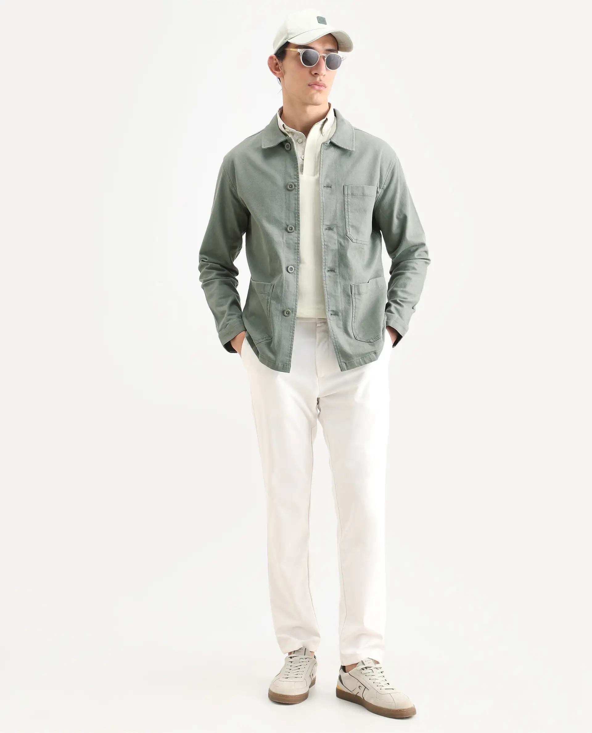 Rare Rabbit Men's Slowear Dusky Green Cotton Blend Plain Regular Fit Full Sleeve Collared Shacket - Image 2