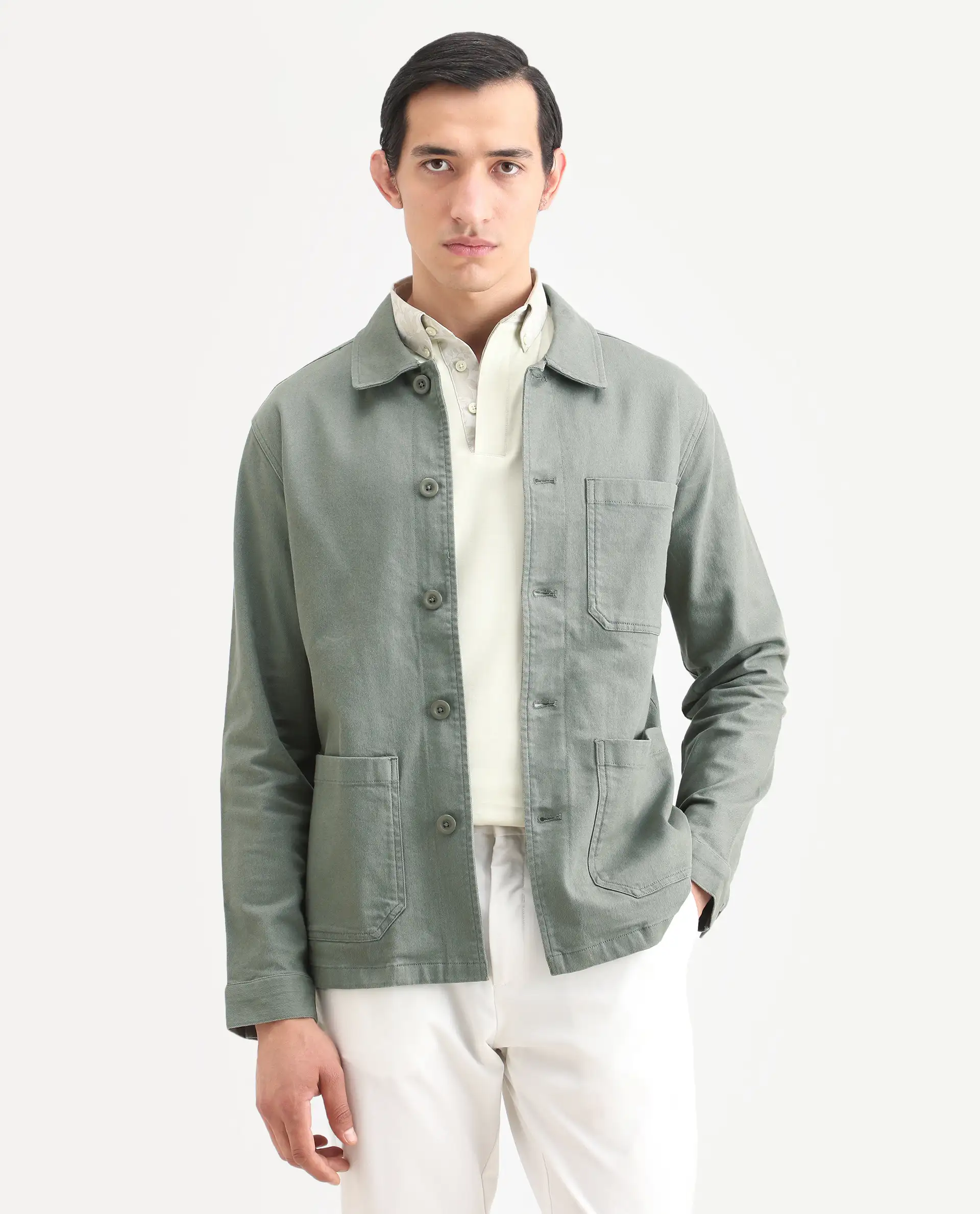 Rare Rabbit Men's Slowear Dusky Green Cotton Blend Plain Regular Fit Full Sleeve Collared Shacket - Image 3