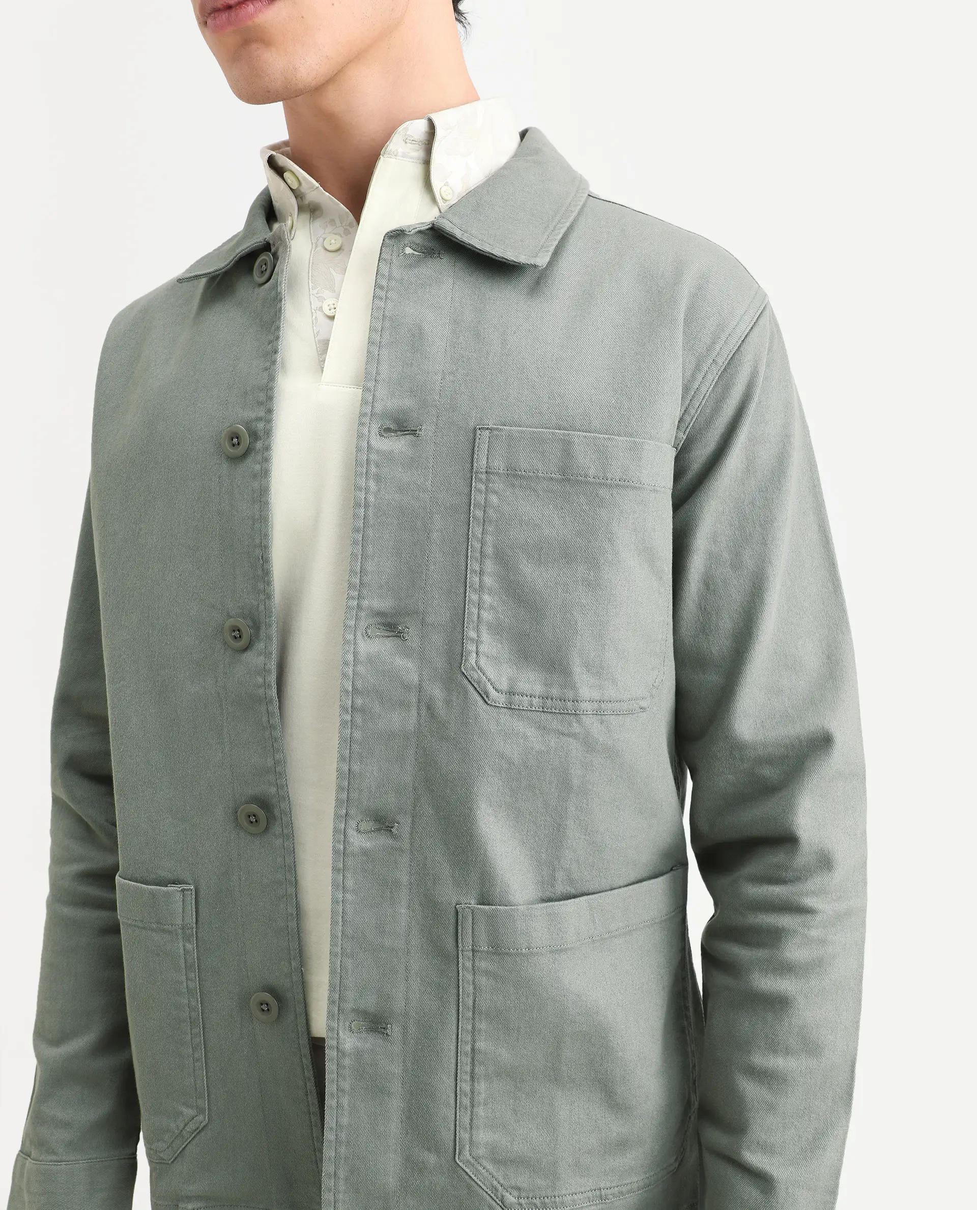 Rare Rabbit Men's Slowear Dusky Green Cotton Blend Plain Regular Fit Full Sleeve Collared Shacket - Image 4