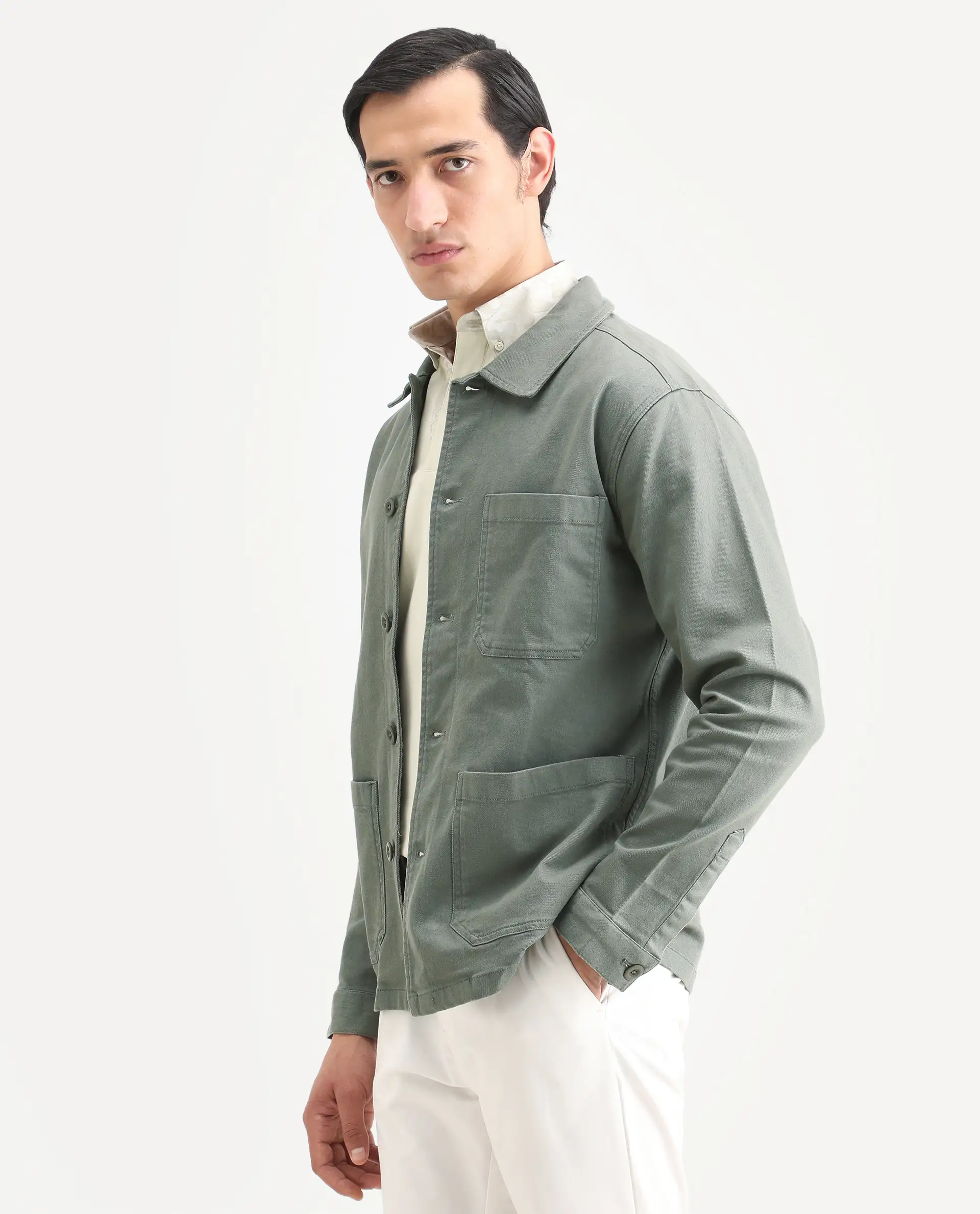 Rare Rabbit Men's Slowear Dusky Green Cotton Blend Plain Regular Fit Full Sleeve Collared Shacket - Image 5