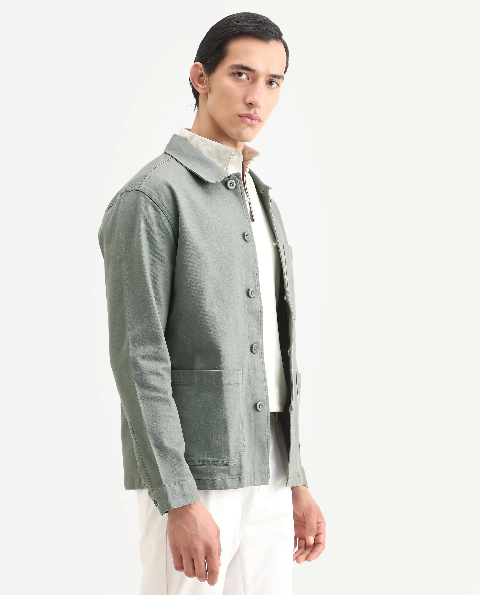 Rare Rabbit Men's Slowear Dusky Green Cotton Blend Plain Regular Fit Full Sleeve Collared Shacket - Image 6