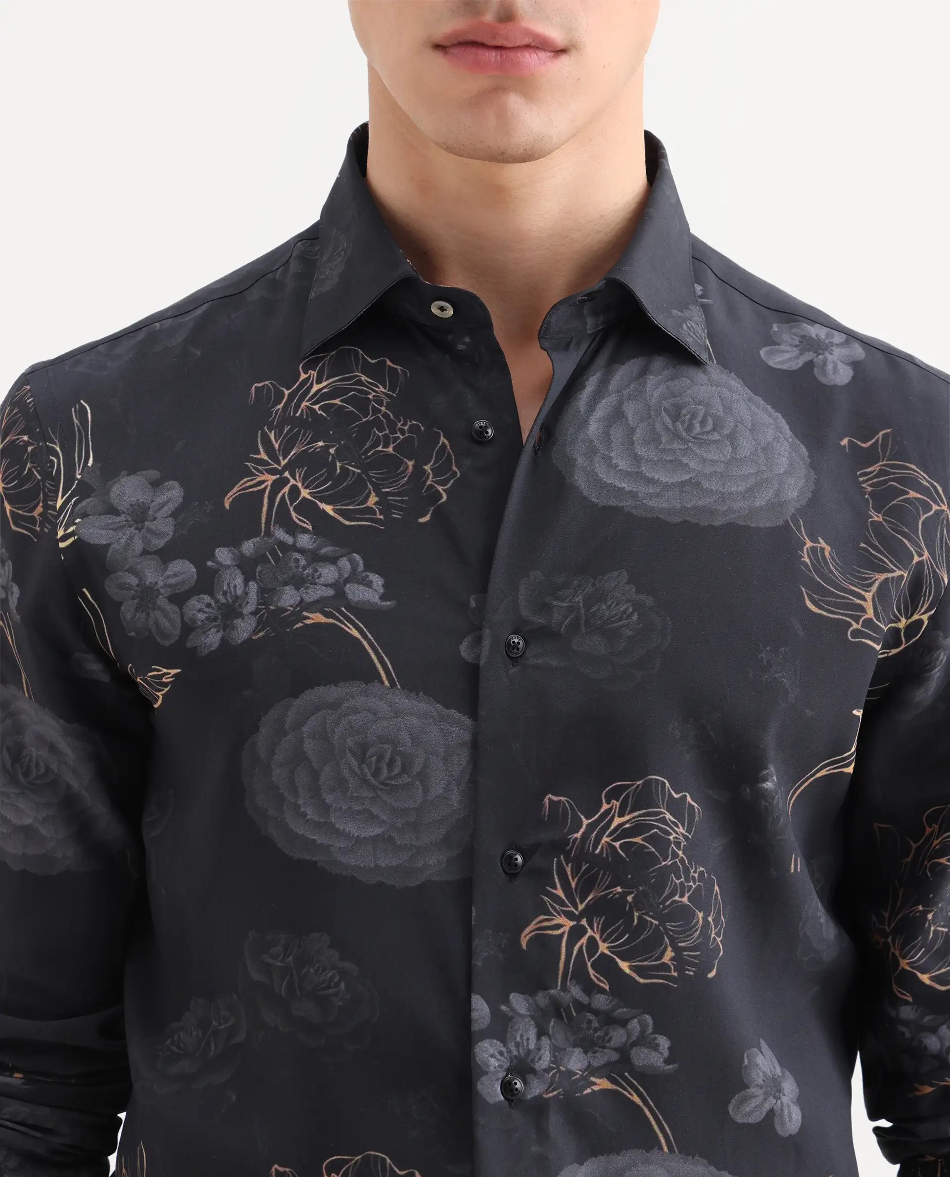 Rare Rabbit Men's Sloy Black Viscose Fabric Full Sleeve Spread Collar Regular Floral Print Shirt - Image 3