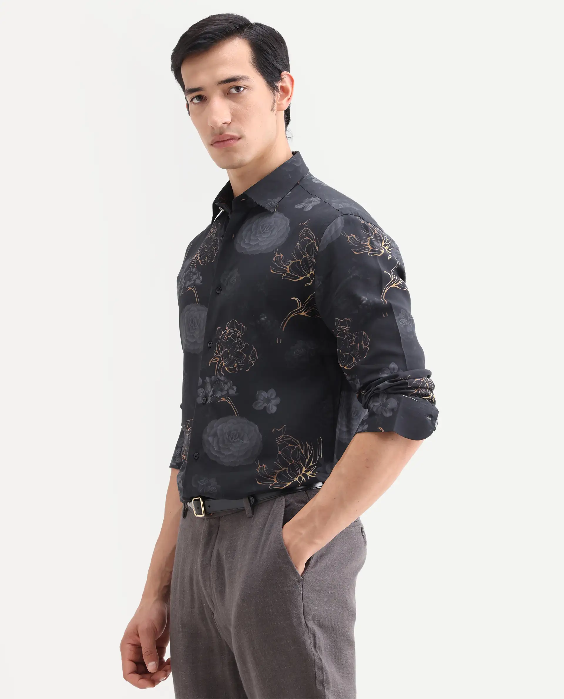 Rare Rabbit Men's Sloy Black Viscose Fabric Full Sleeve Spread Collar Regular Floral Print Shirt - Image 5