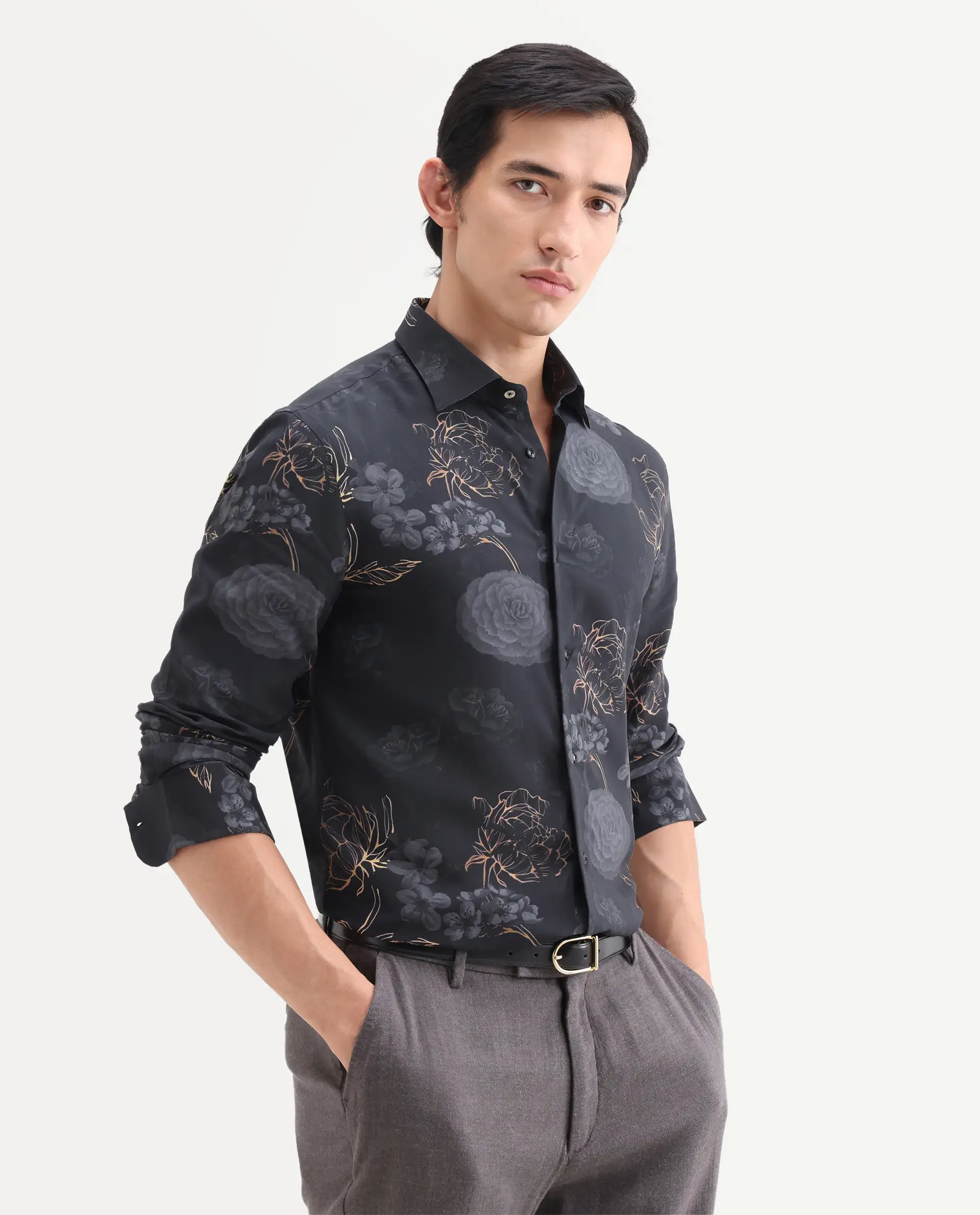 Rare Rabbit Men's Sloy Black Viscose Fabric Full Sleeve Spread Collar Regular Floral Print Shirt - Image 6