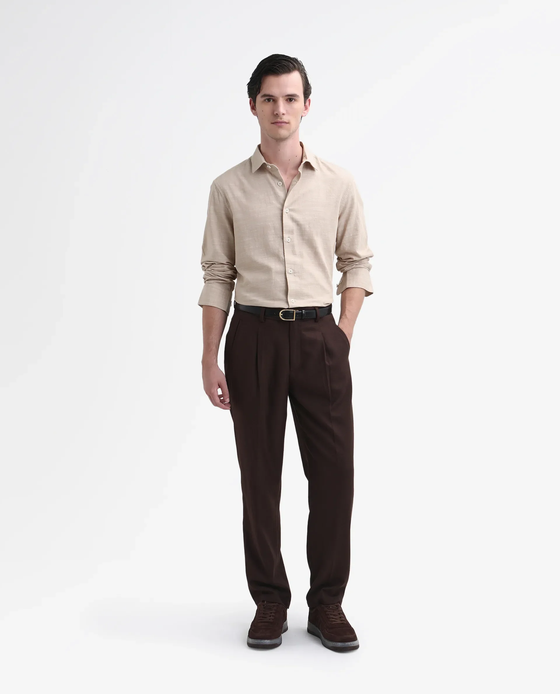 Rare Rabbit Men's Slub Beige Cotton Plain Regular Fit Full Sleeve Collared Shirt - Image 2