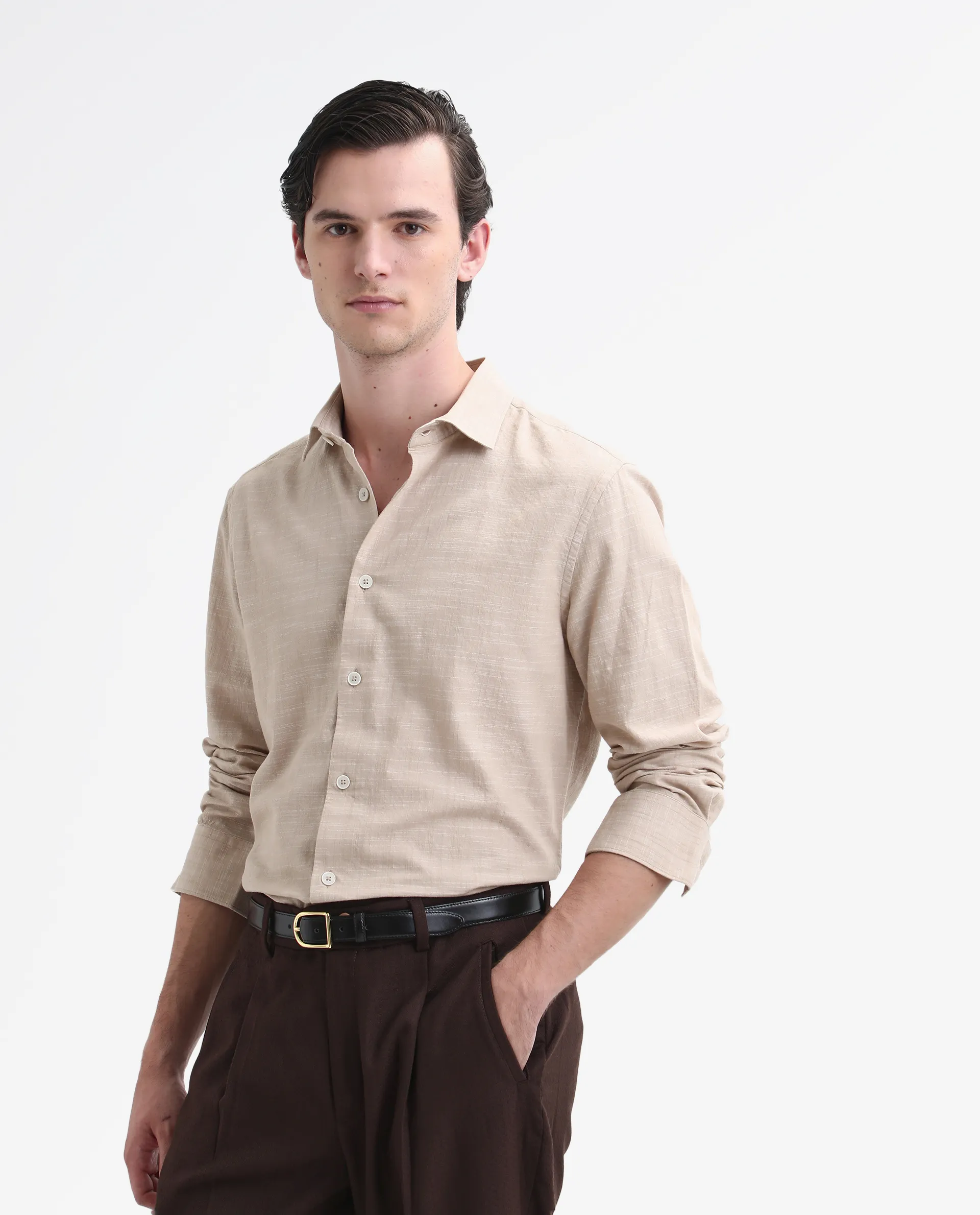 Rare Rabbit Men's Slub Beige Cotton Plain Regular Fit Full Sleeve Collared Shirt - Image 3