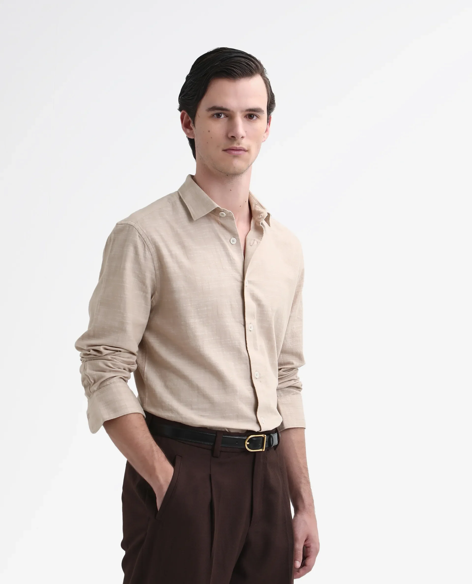Rare Rabbit Men's Slub Beige Cotton Plain Regular Fit Full Sleeve Collared Shirt - Image 4