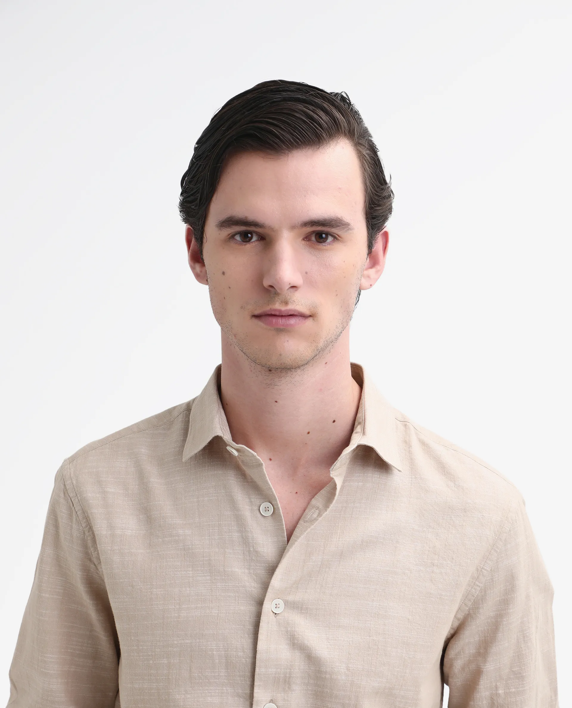Rare Rabbit Men's Slub Beige Cotton Plain Regular Fit Full Sleeve Collared Shirt - Image 5