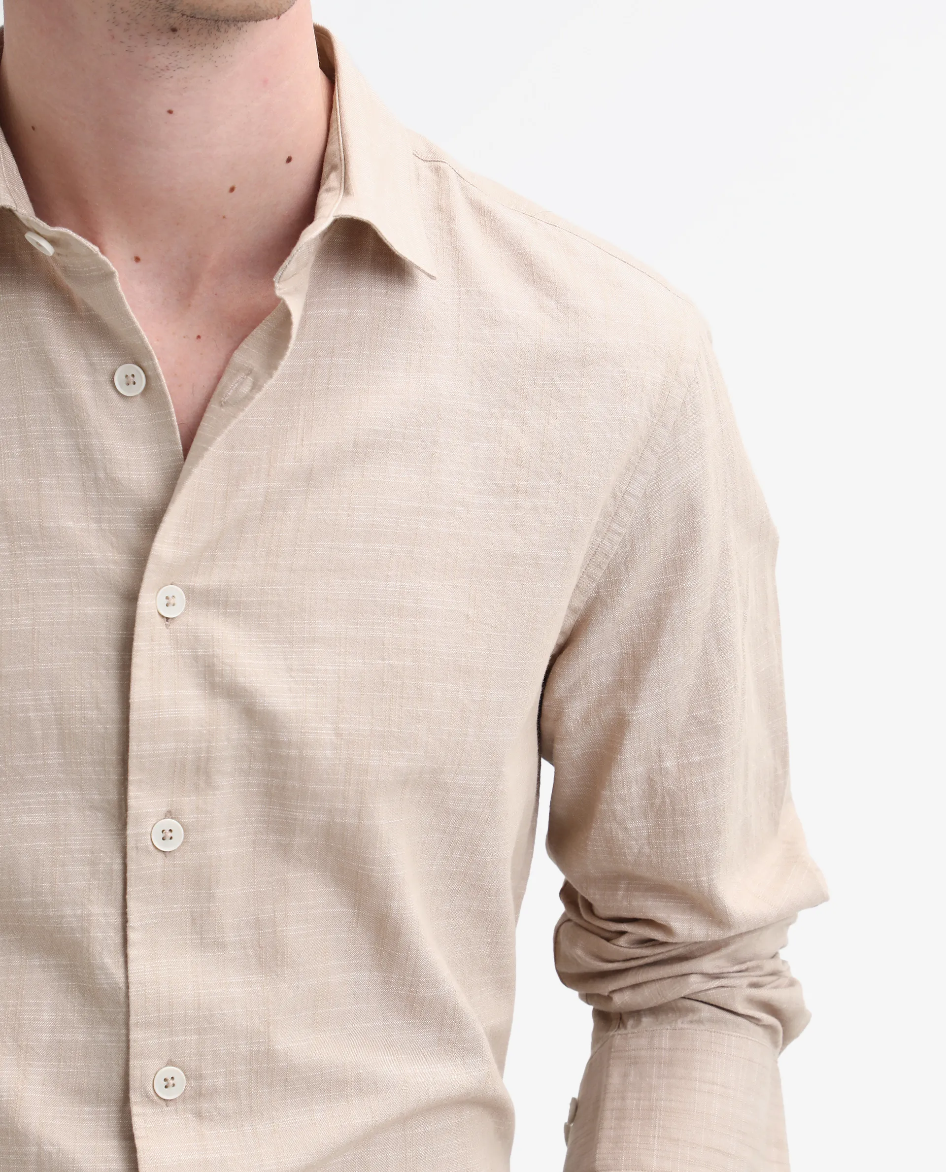 Rare Rabbit Men's Slub Beige Cotton Plain Regular Fit Full Sleeve Collared Shirt - Image 6