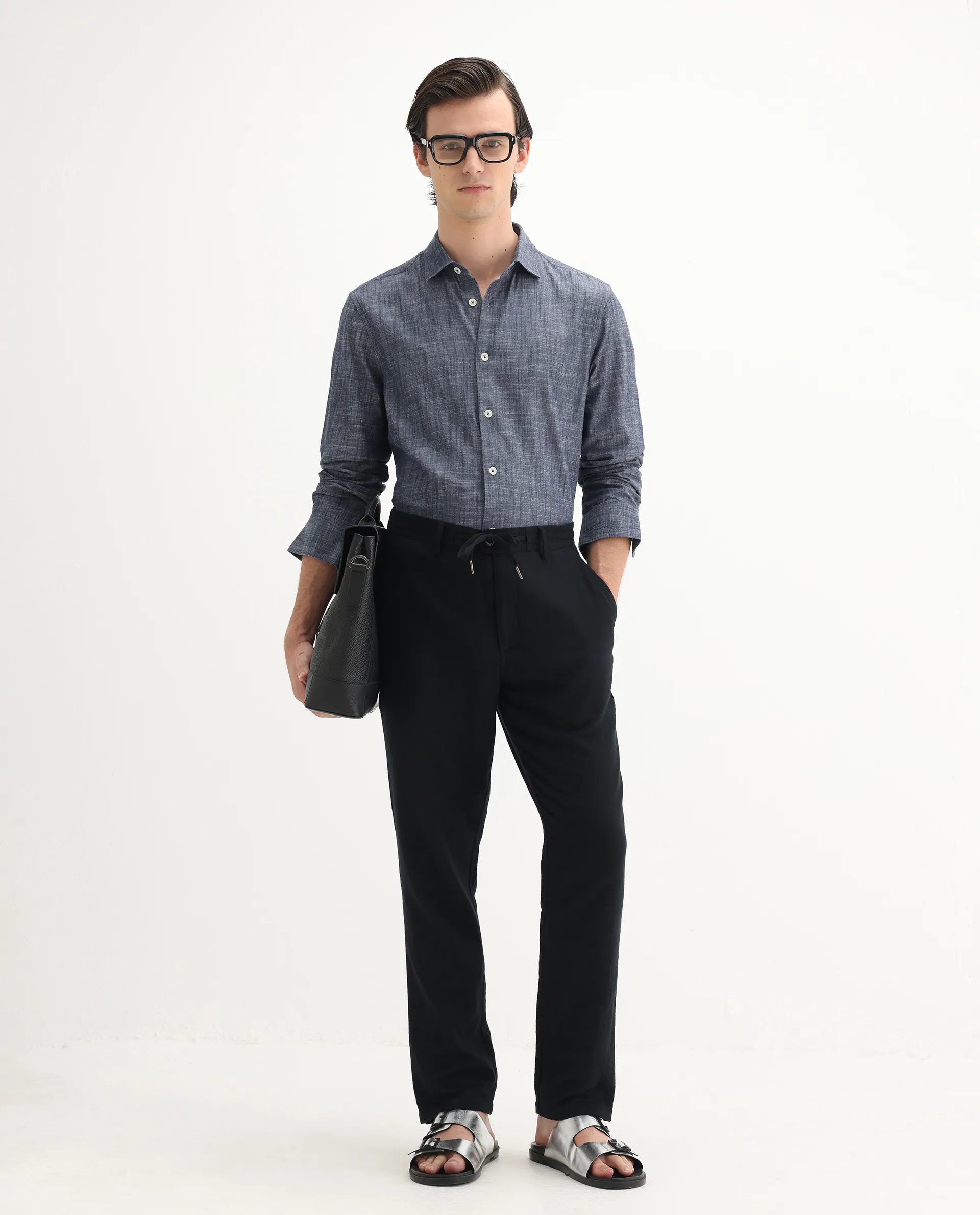 Rare Rabbit Men's Slub Dark Blue Cotton Plain Regular Fit Full Sleeve Collared Shirt - Image 2