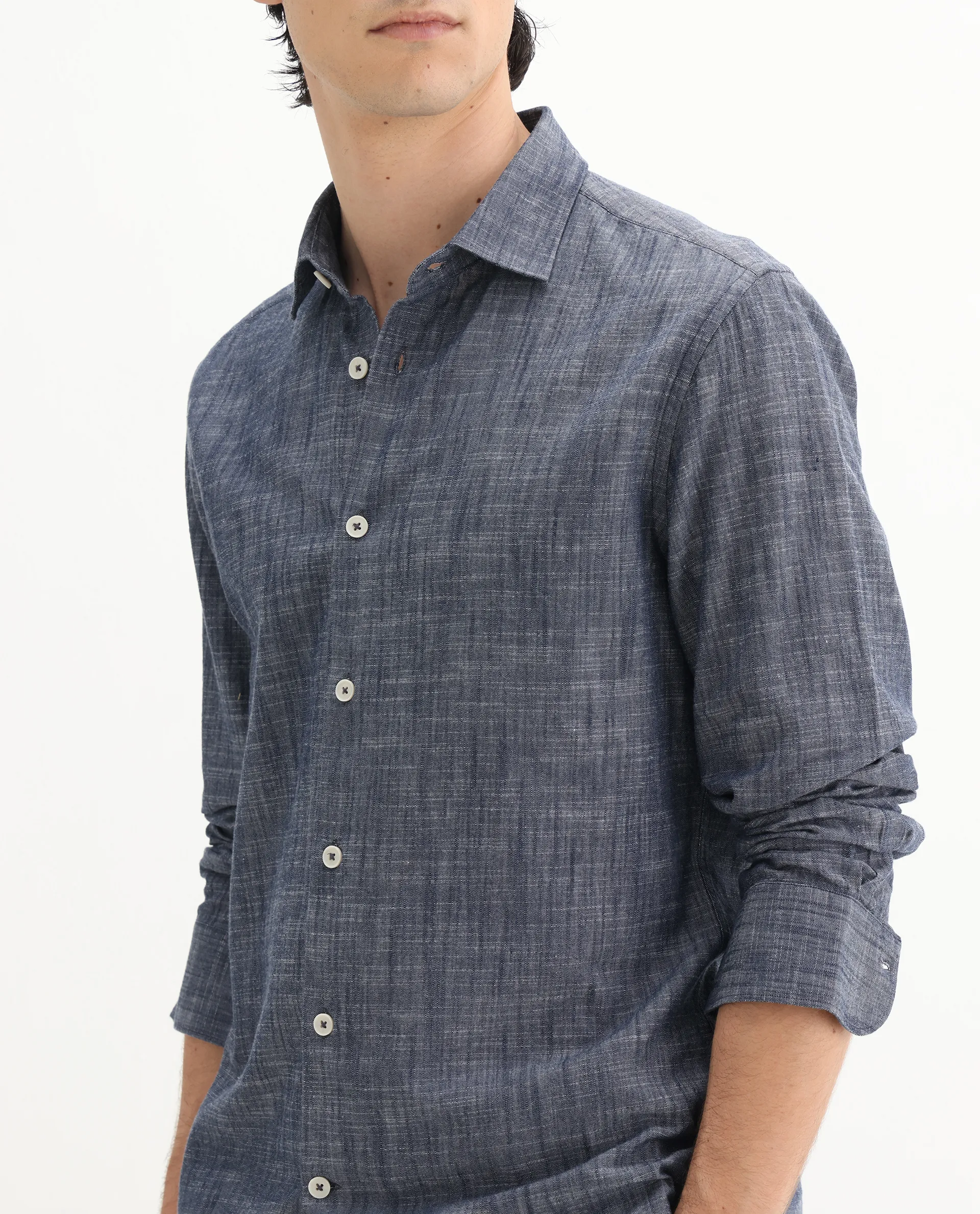 Rare Rabbit Men's Slub Dark Blue Cotton Plain Regular Fit Full Sleeve Collared Shirt - Image 3