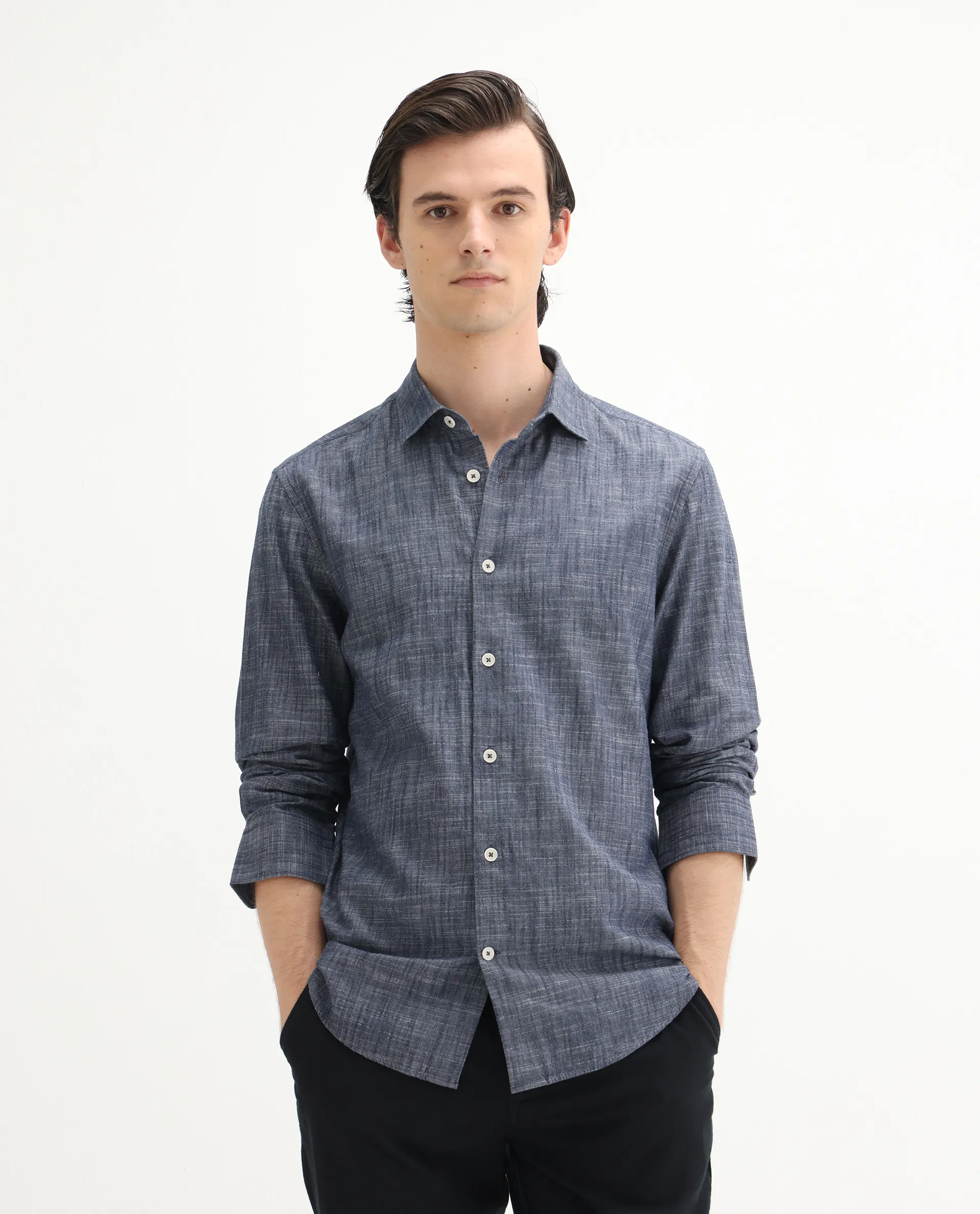 Rare Rabbit Men's Slub Dark Blue Cotton Plain Regular Fit Full Sleeve Collared Shirt - Image 4