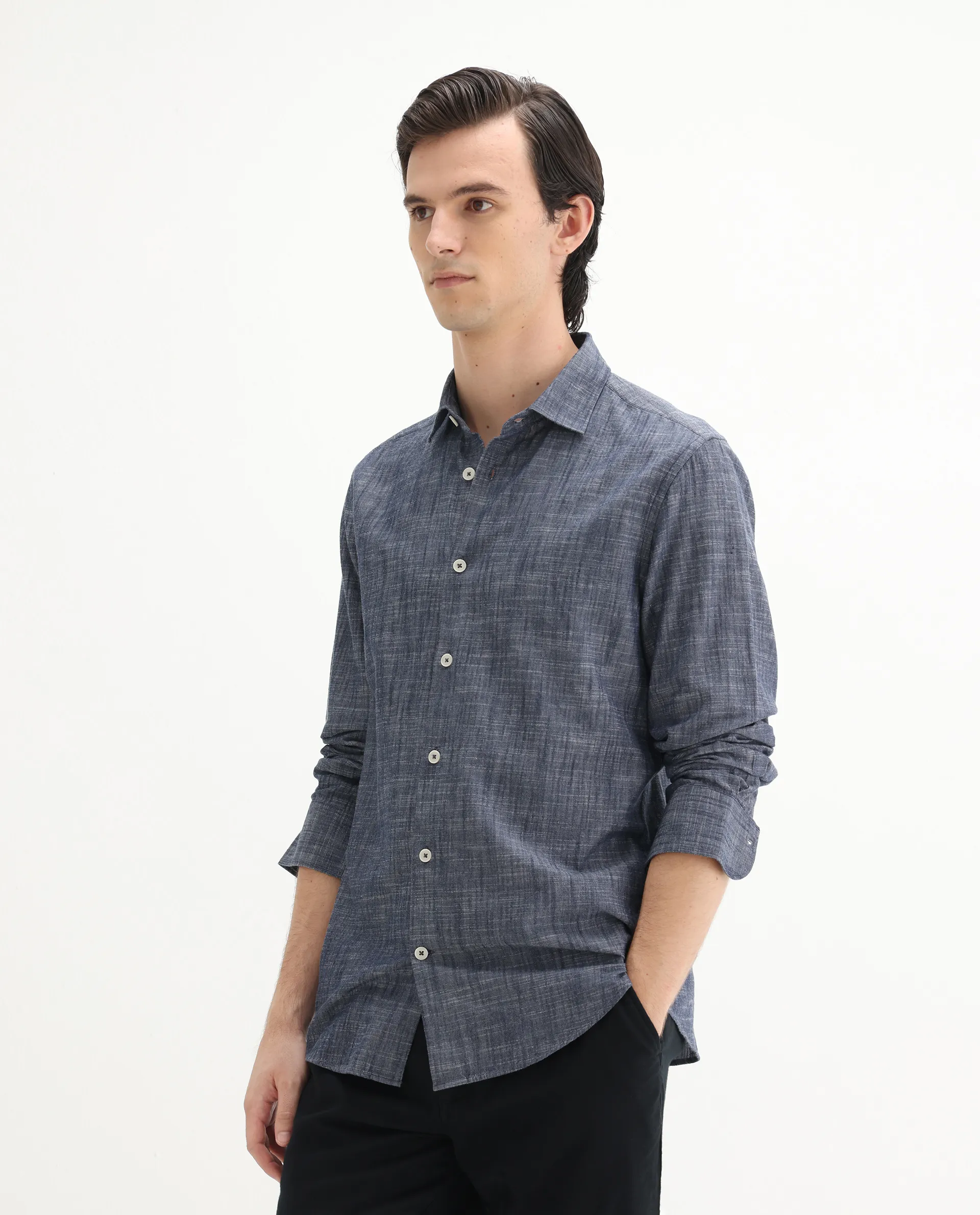 Rare Rabbit Men's Slub Dark Blue Cotton Plain Regular Fit Full Sleeve Collared Shirt - Image 5