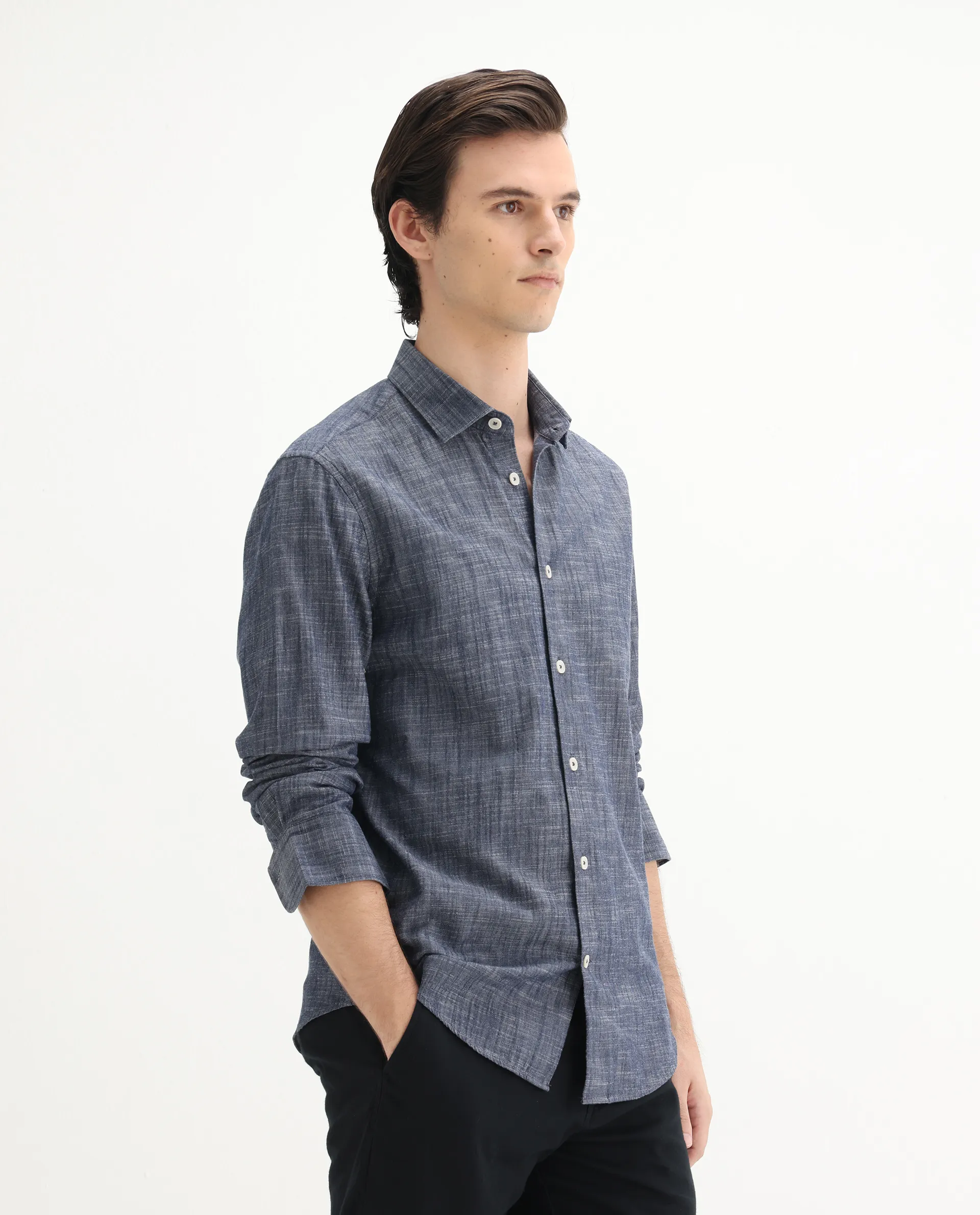 Rare Rabbit Men's Slub Dark Blue Cotton Plain Regular Fit Full Sleeve Collared Shirt - Image 6