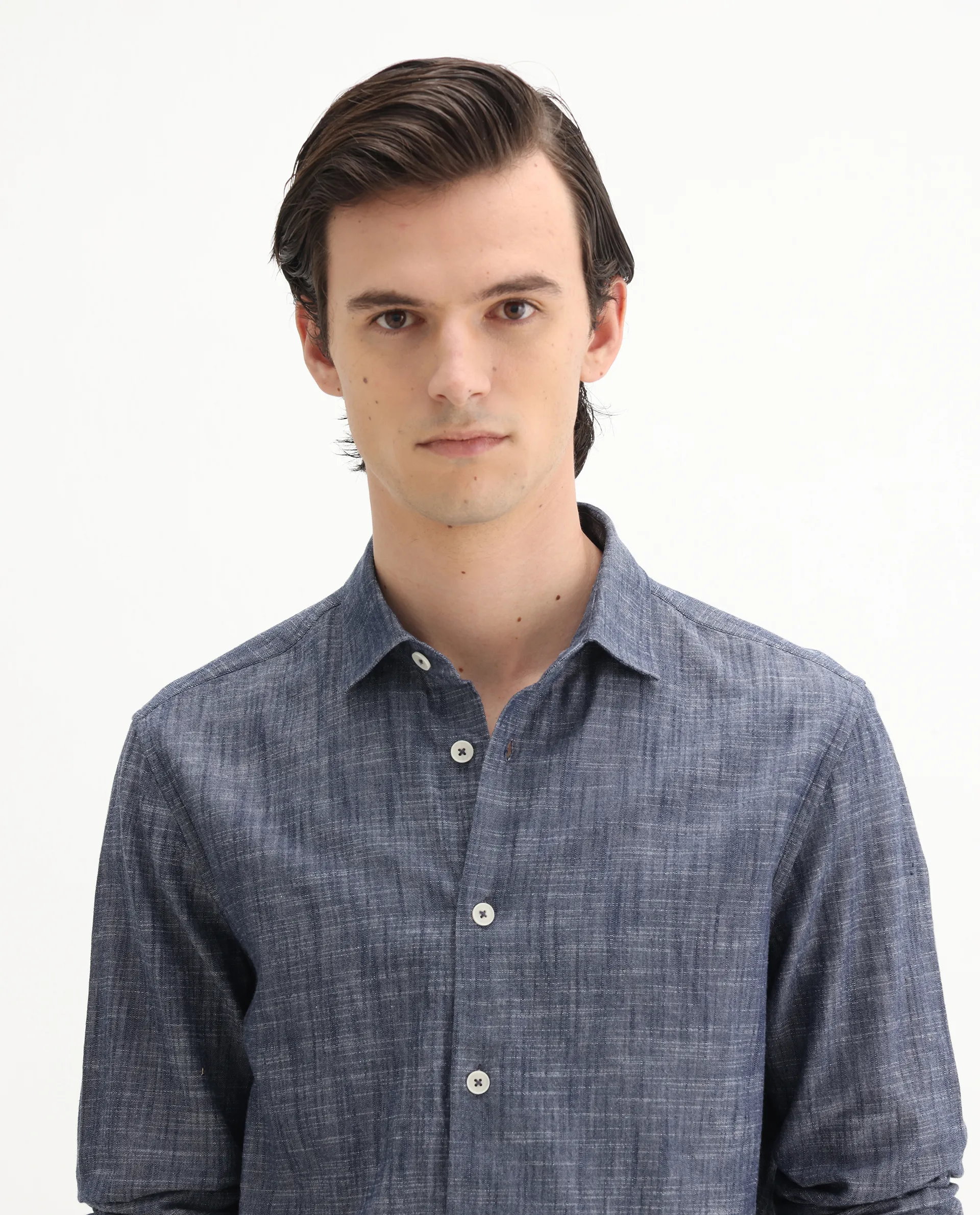 Rare Rabbit Men's Slub Dark Blue Cotton Plain Regular Fit Full Sleeve Collared Shirt - Image 7