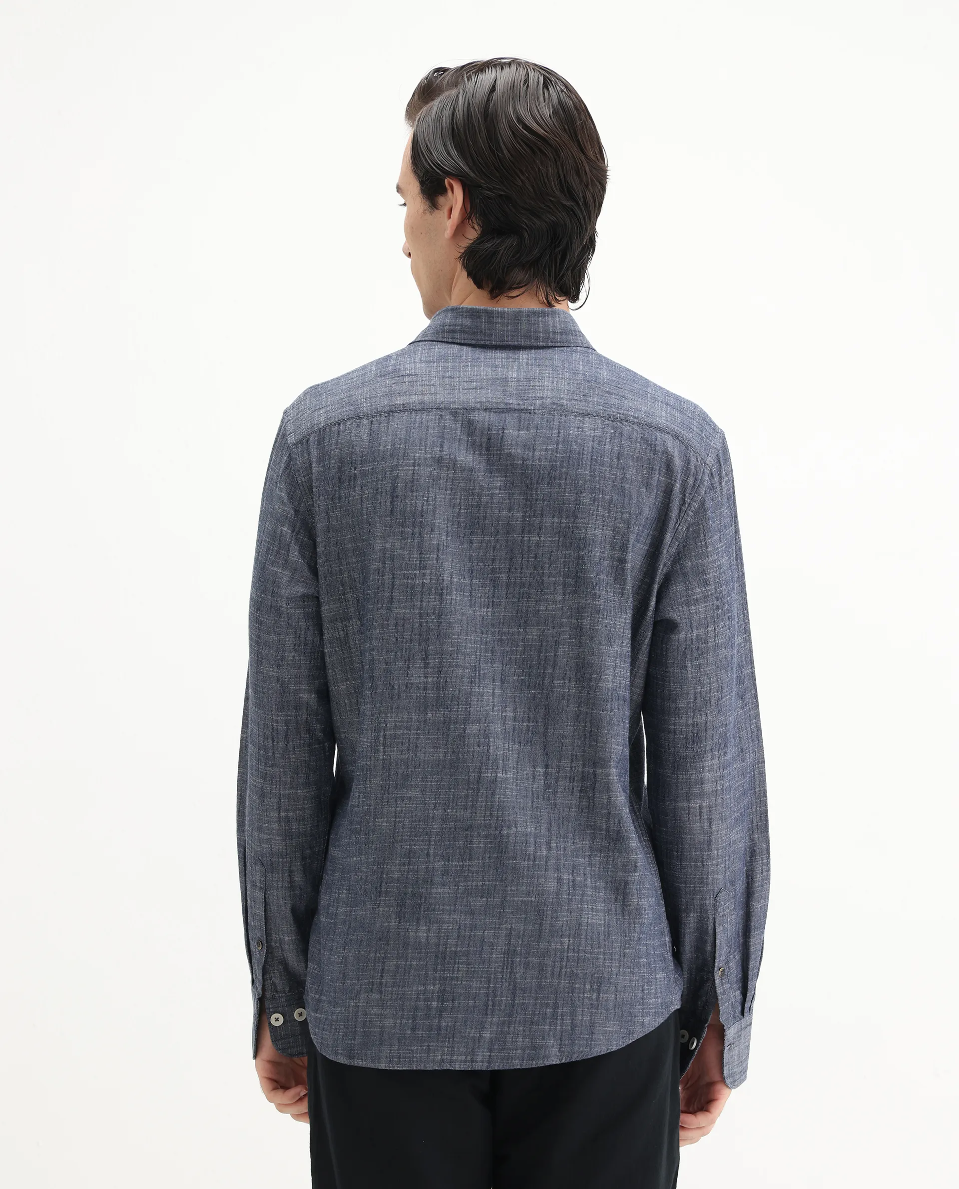 Rare Rabbit Men's Slub Dark Blue Cotton Plain Regular Fit Full Sleeve Collared Shirt - Image 8