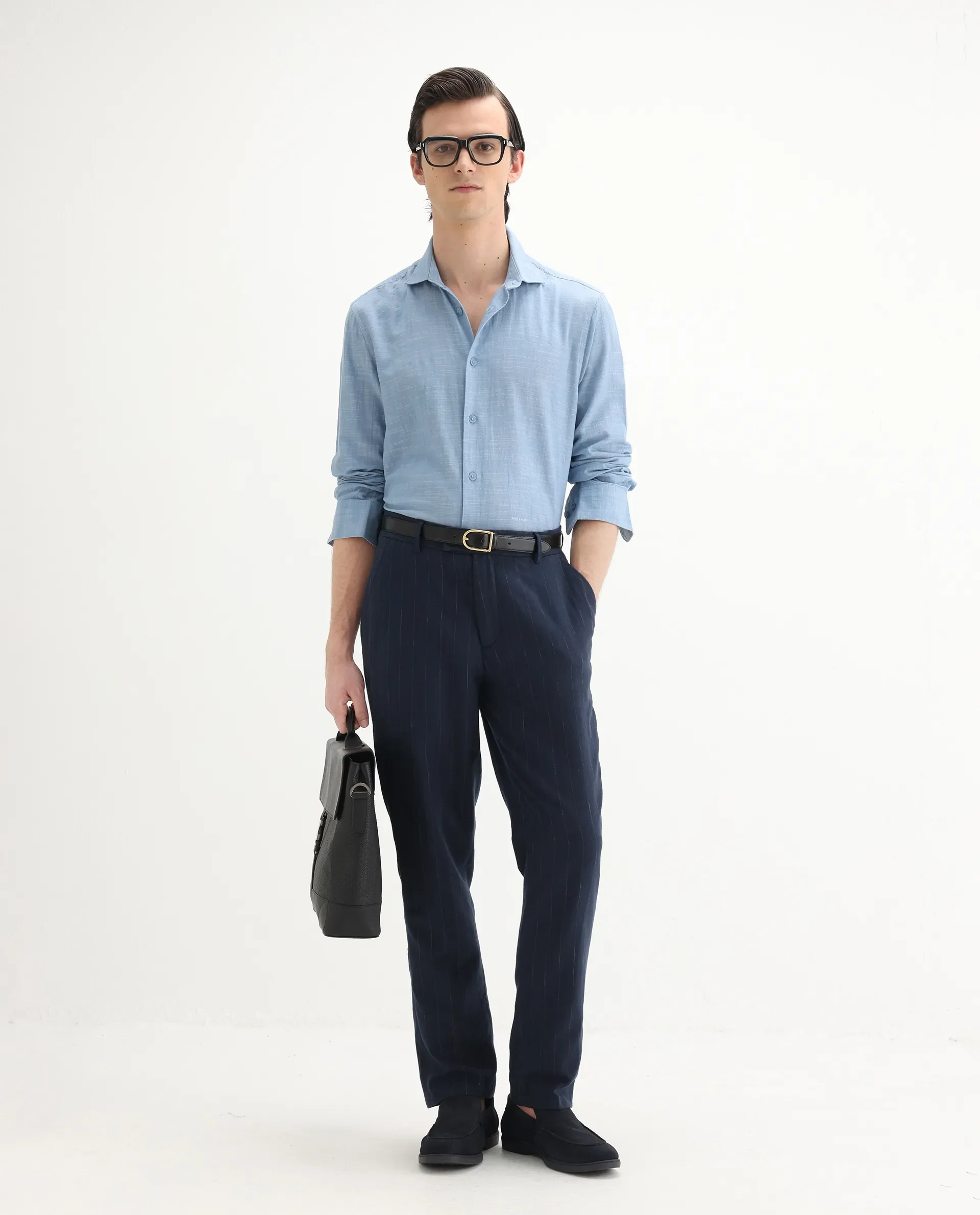 Rare Rabbit Men's Slub Light Blue Cotton Plain Regular Fit Full Sleeve Collared Shirt - Image 2