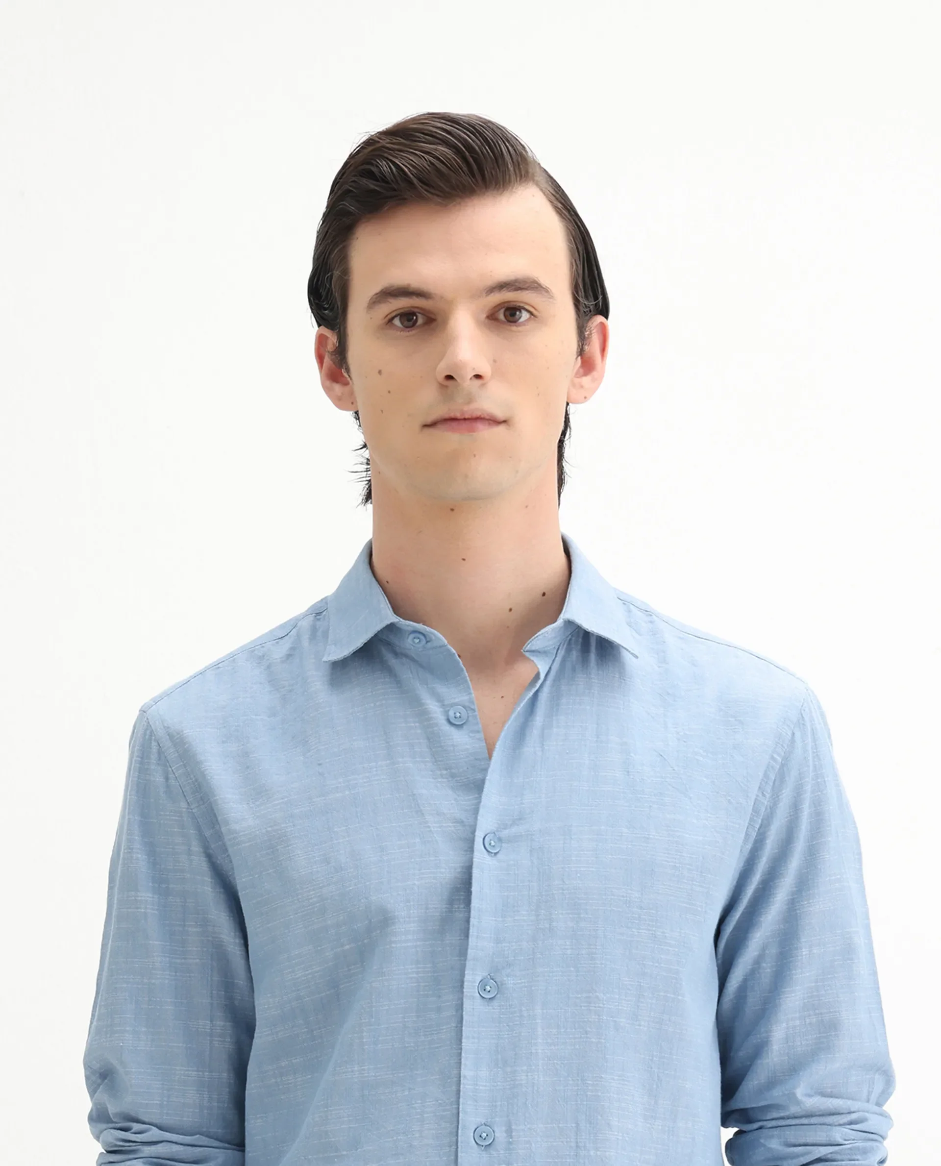 Rare Rabbit Men's Slub Light Blue Cotton Plain Regular Fit Full Sleeve Collared Shirt - Image 3