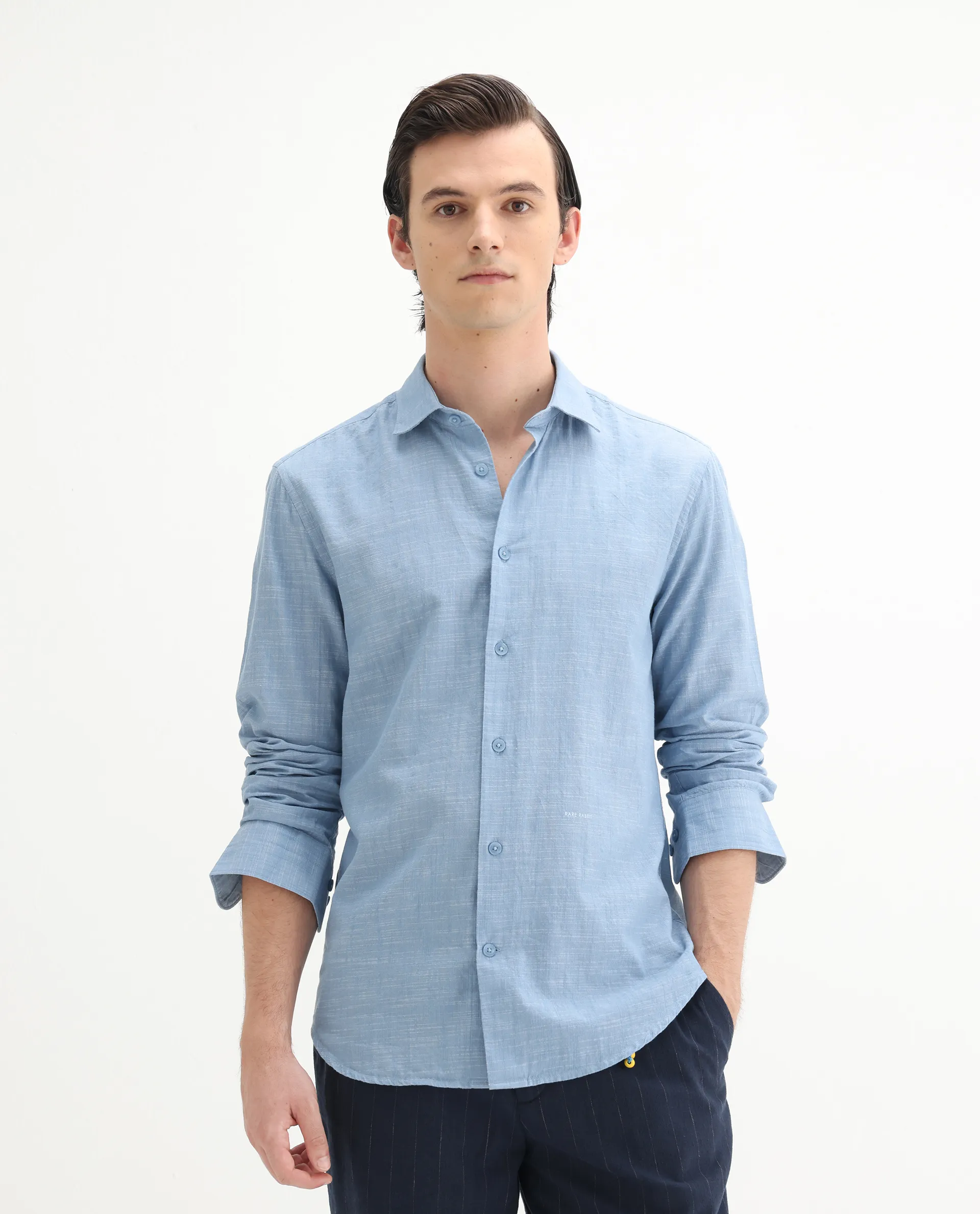Rare Rabbit Men's Slub Light Blue Cotton Plain Regular Fit Full Sleeve Collared Shirt - Image 4