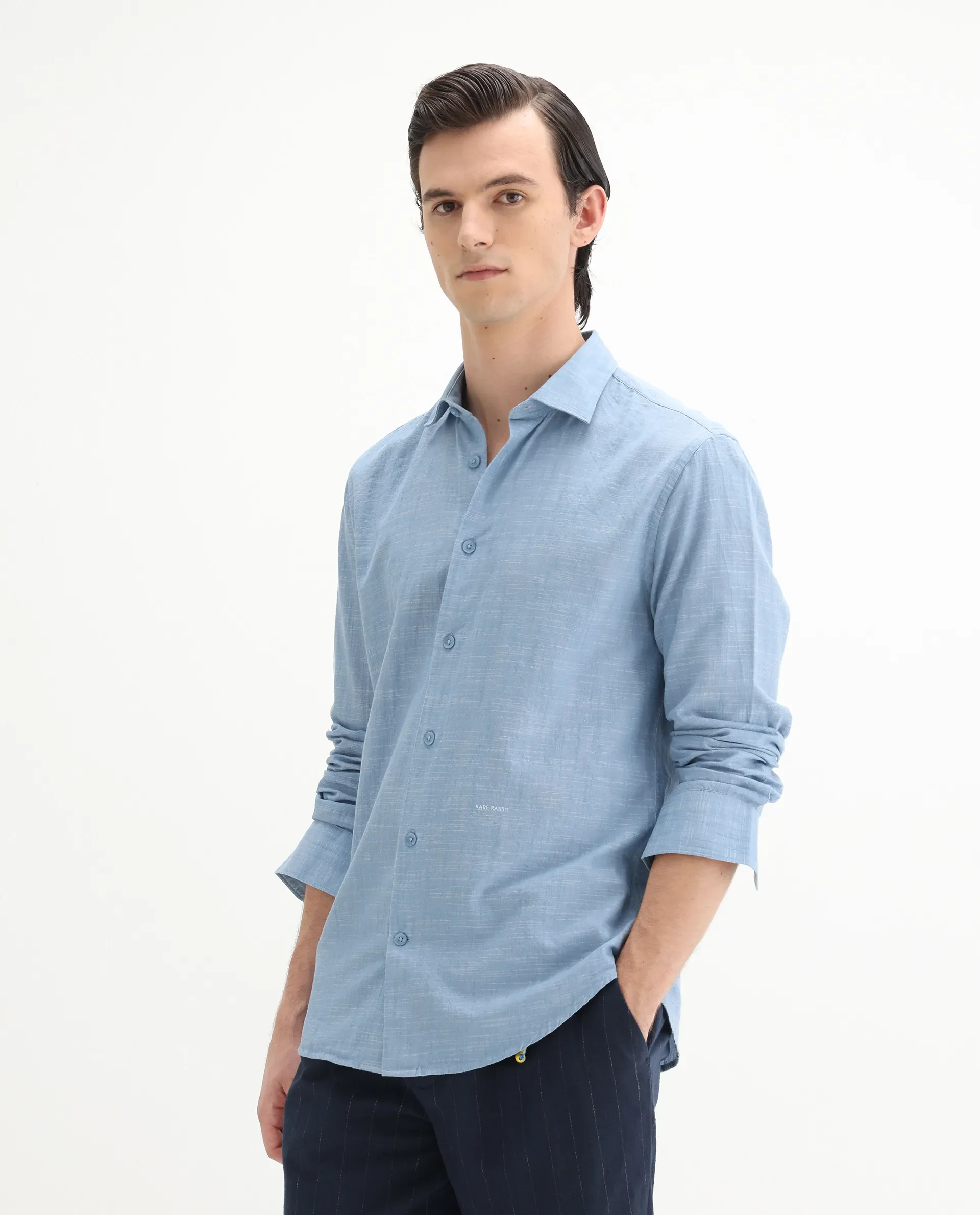 Rare Rabbit Men's Slub Light Blue Cotton Plain Regular Fit Full Sleeve Collared Shirt - Image 5