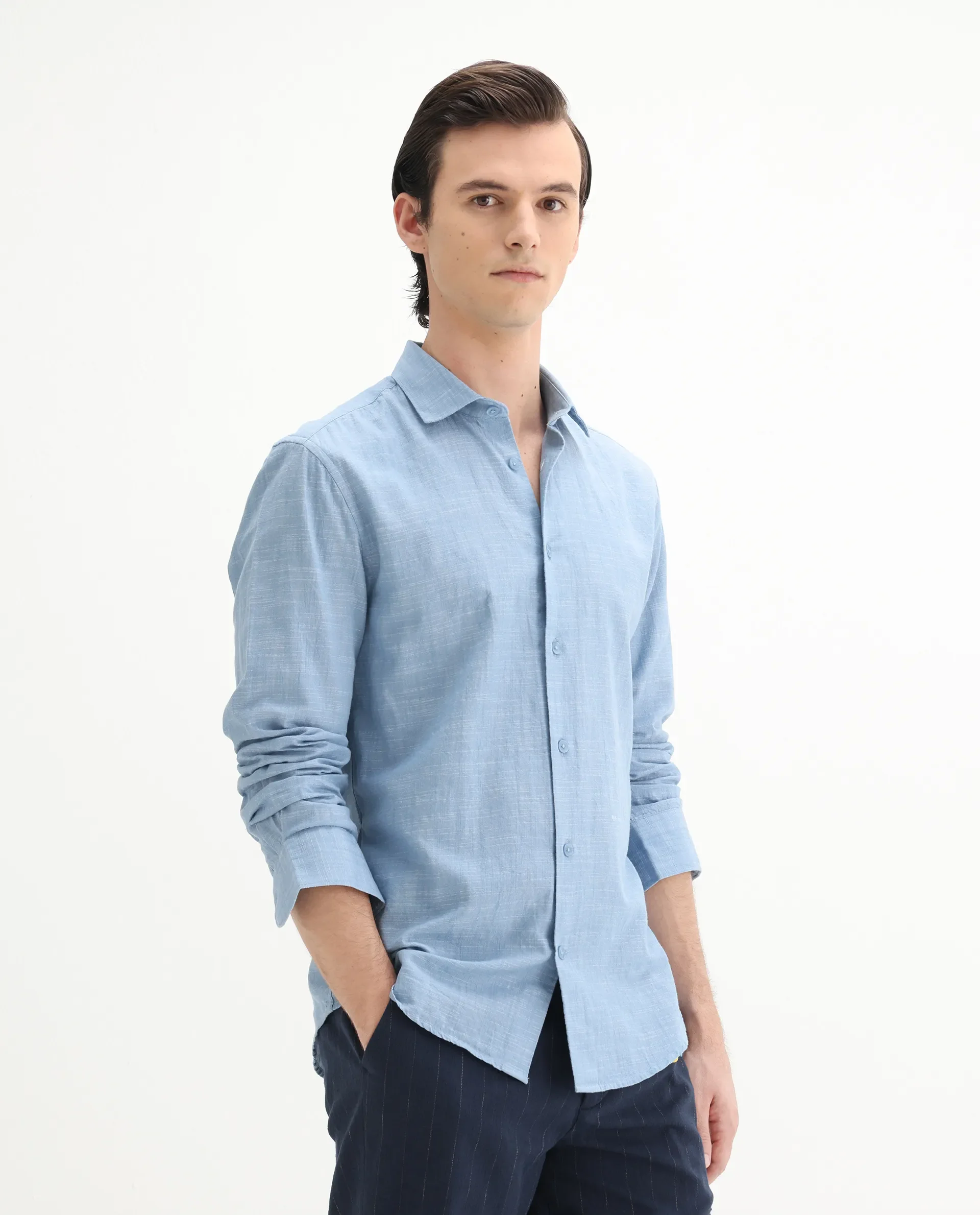 Rare Rabbit Men's Slub Light Blue Cotton Plain Regular Fit Full Sleeve Collared Shirt - Image 6