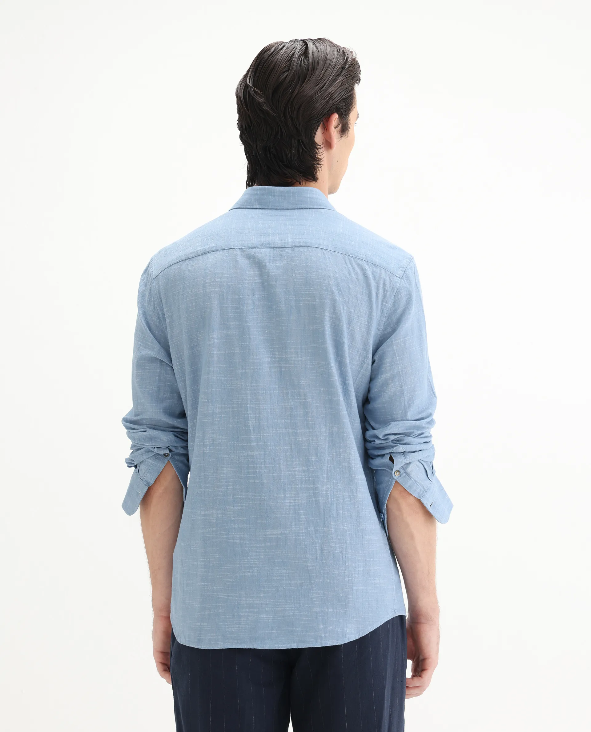 Rare Rabbit Men's Slub Light Blue Cotton Plain Regular Fit Full Sleeve Collared Shirt - Image 7