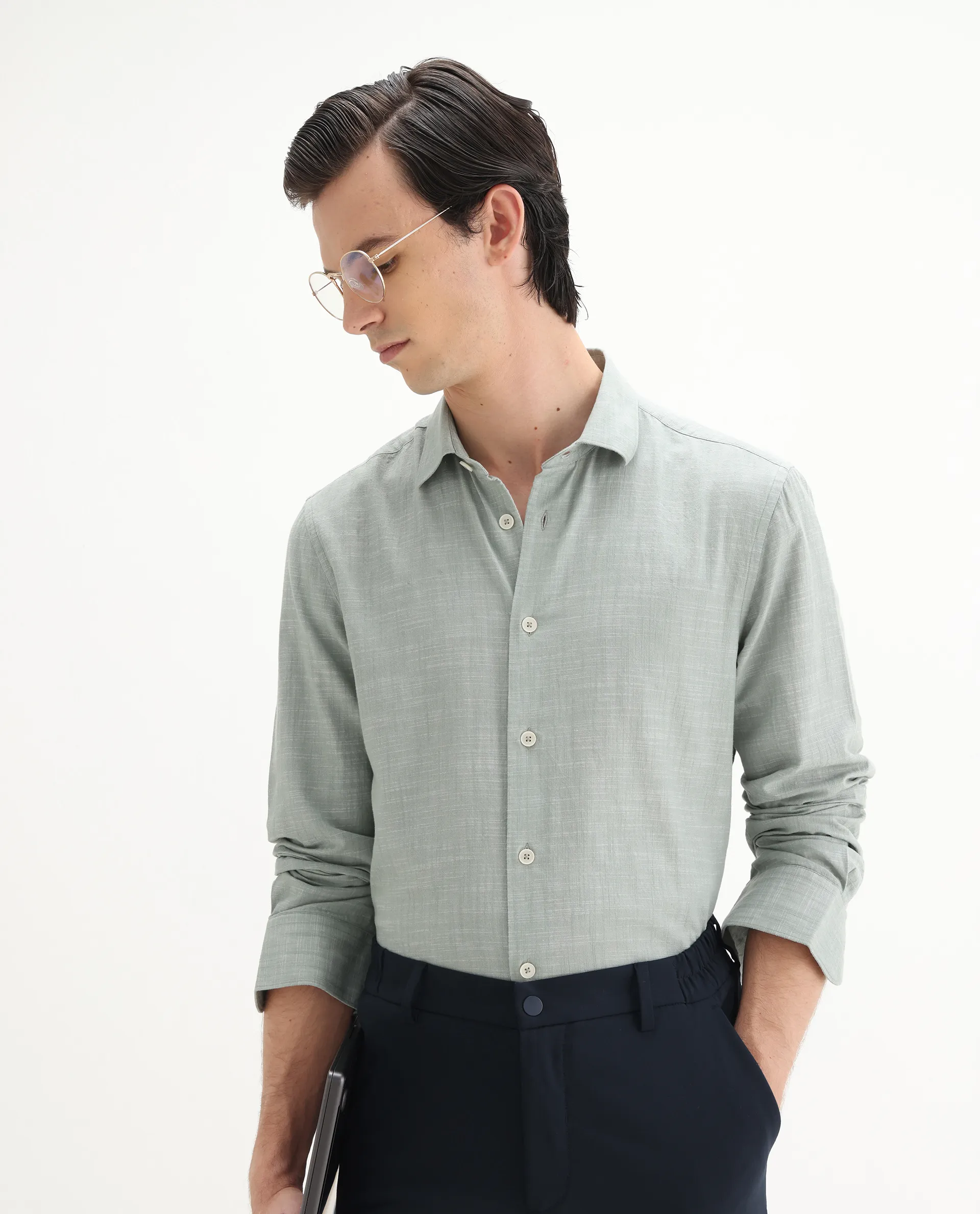 Rare Rabbit Men's Slub Sage Cotton Plain Regular Fit Full Sleeve Collared Shirt