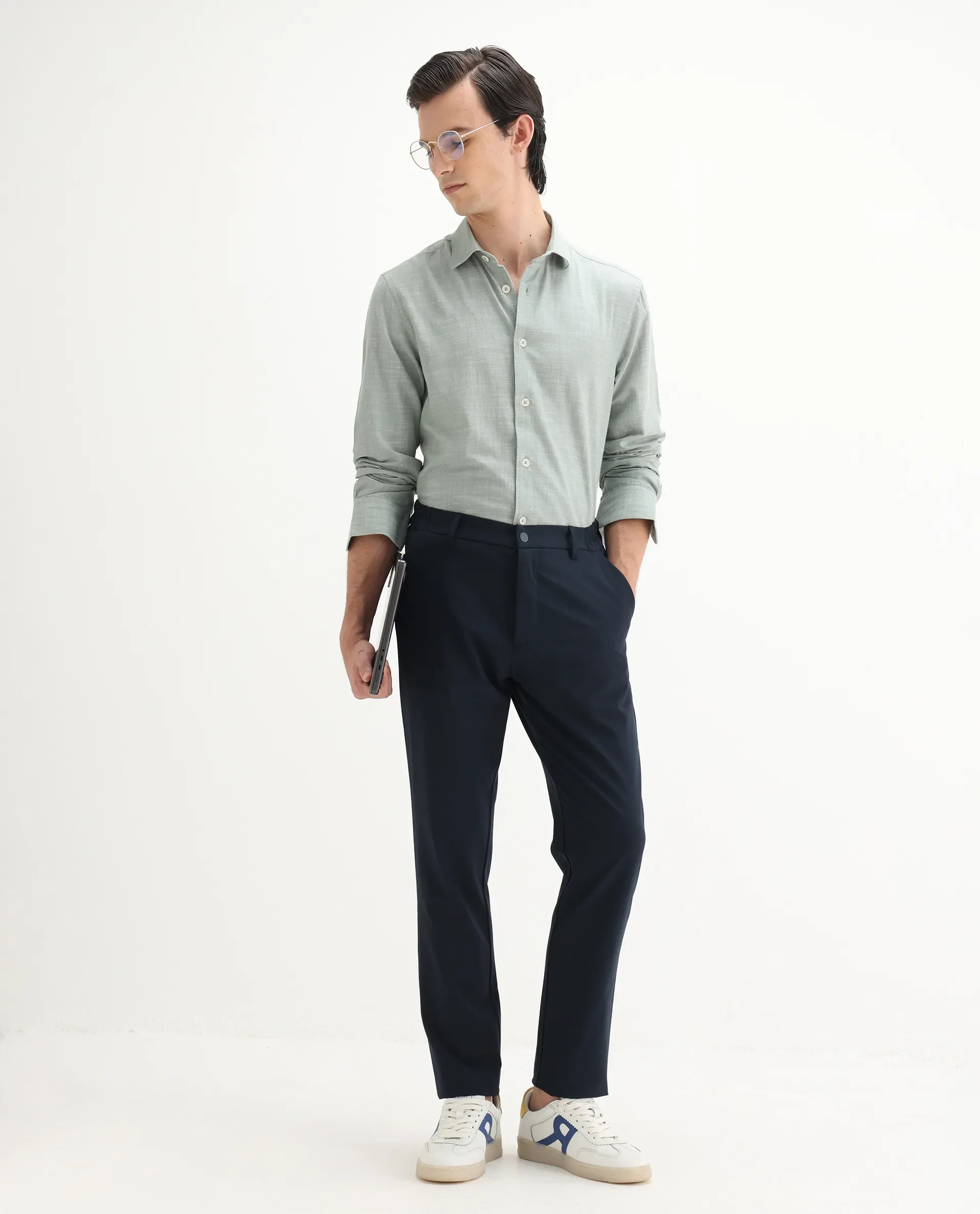 Rare Rabbit Men's Slub Sage Cotton Plain Regular Fit Full Sleeve Collared Shirt - Image 2