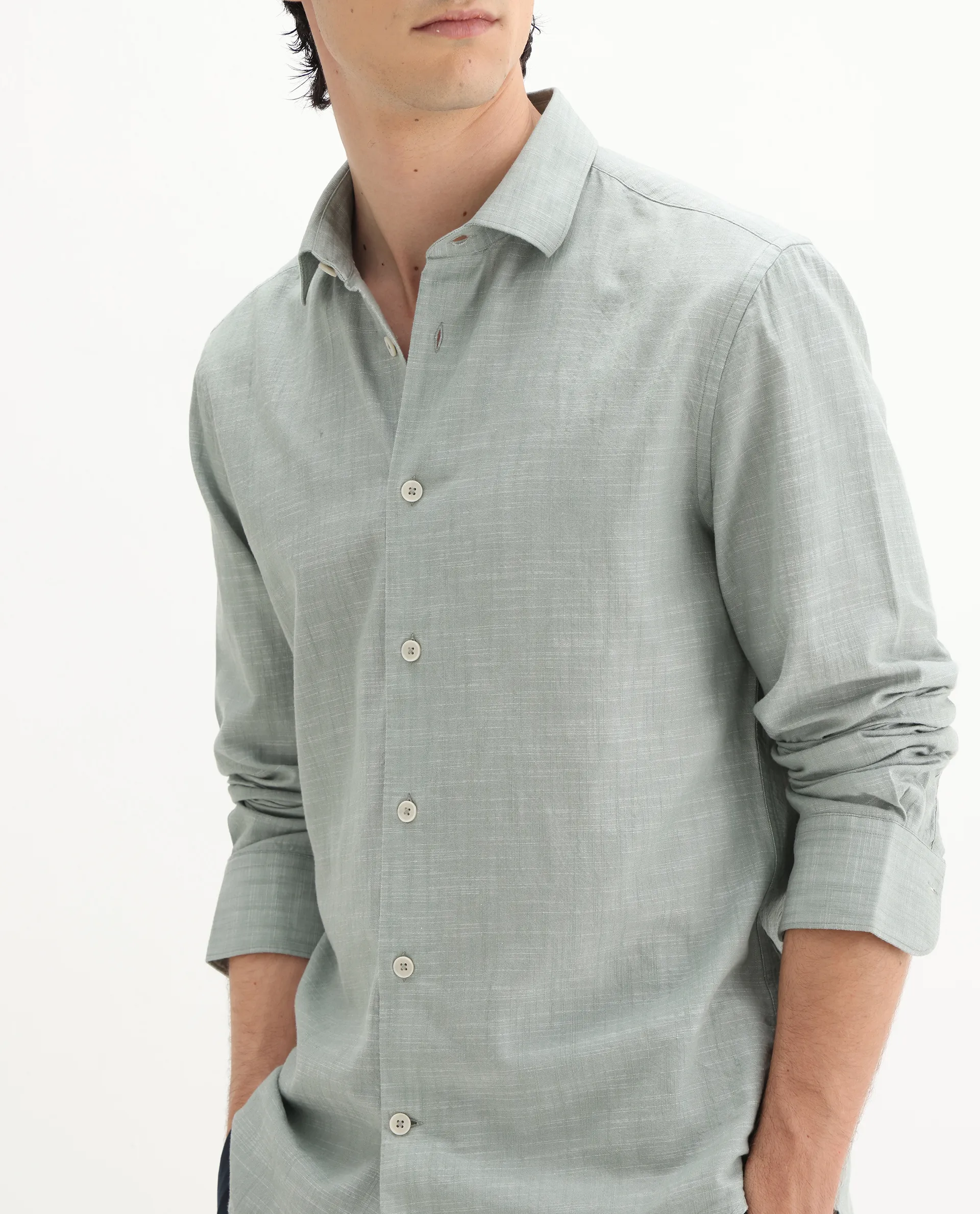 Rare Rabbit Men's Slub Sage Cotton Plain Regular Fit Full Sleeve Collared Shirt - Image 3