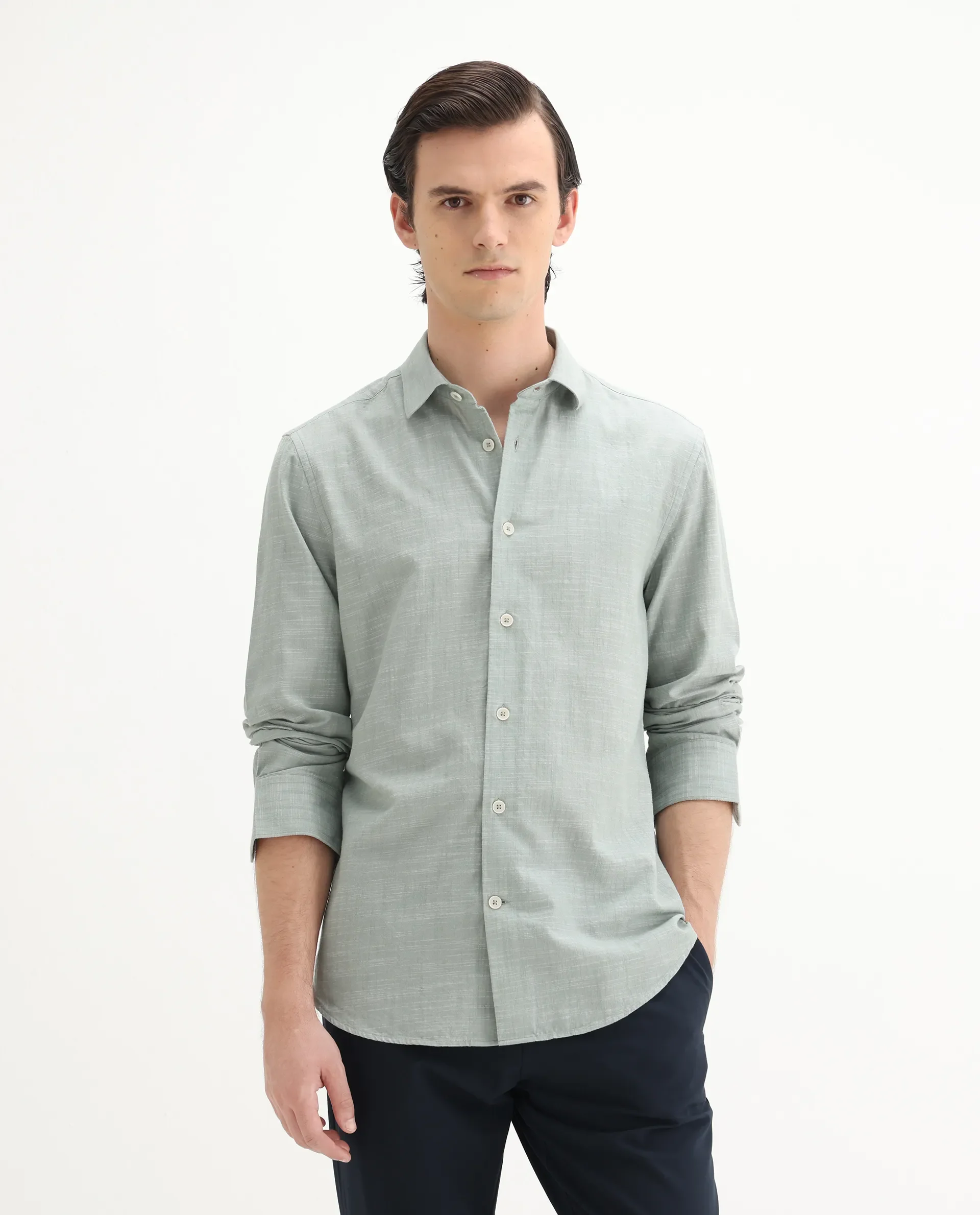 Rare Rabbit Men's Slub Sage Cotton Plain Regular Fit Full Sleeve Collared Shirt - Image 4