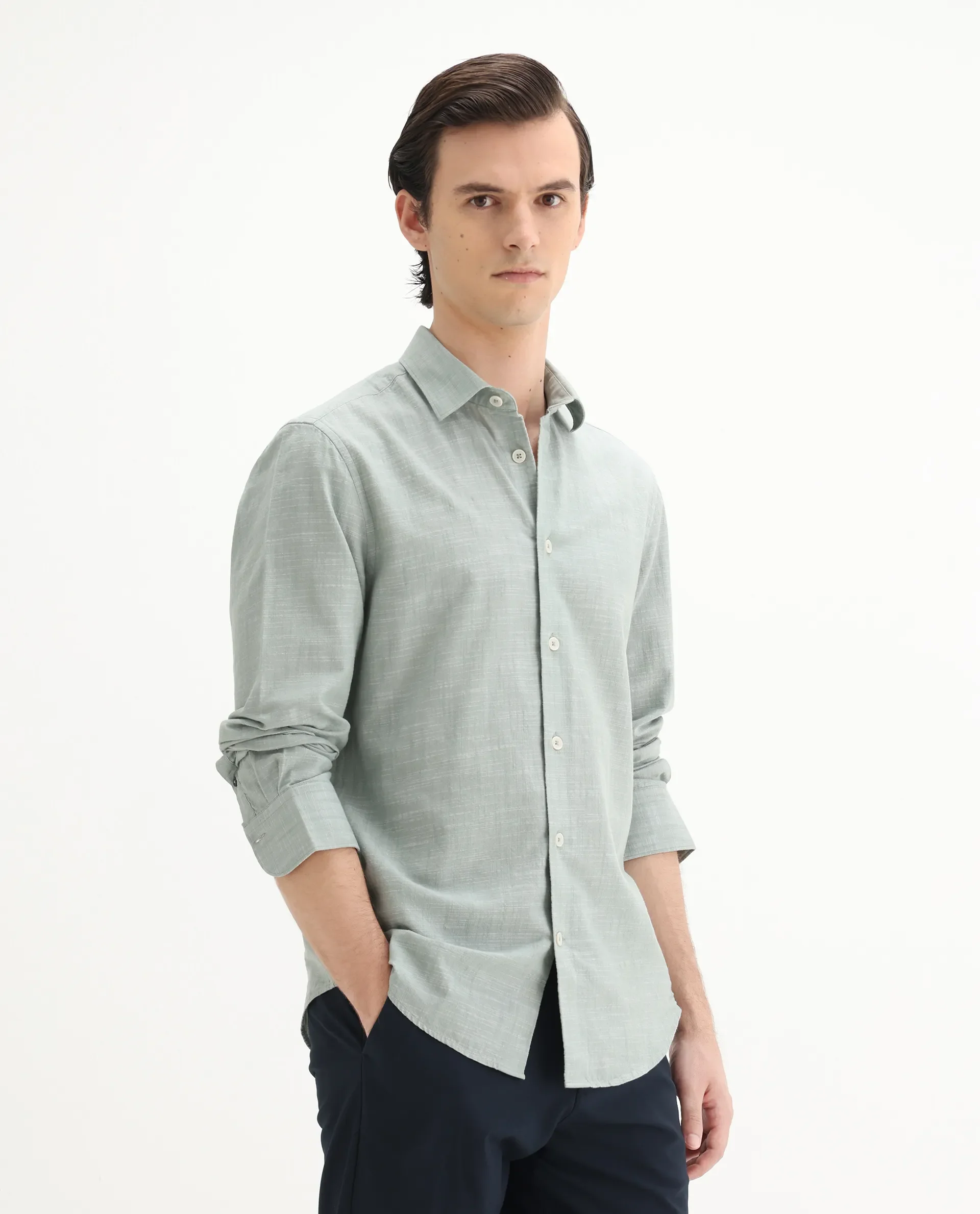 Rare Rabbit Men's Slub Sage Cotton Plain Regular Fit Full Sleeve Collared Shirt - Image 5