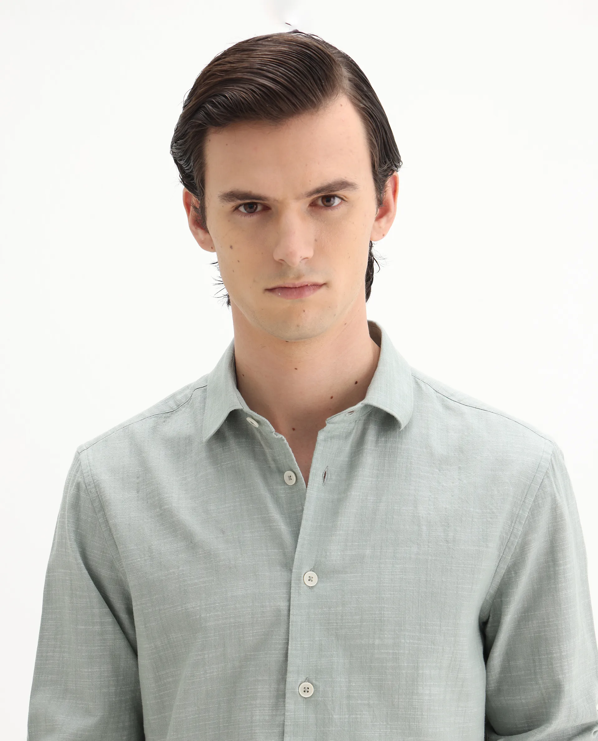 Rare Rabbit Men's Slub Sage Cotton Plain Regular Fit Full Sleeve Collared Shirt - Image 6