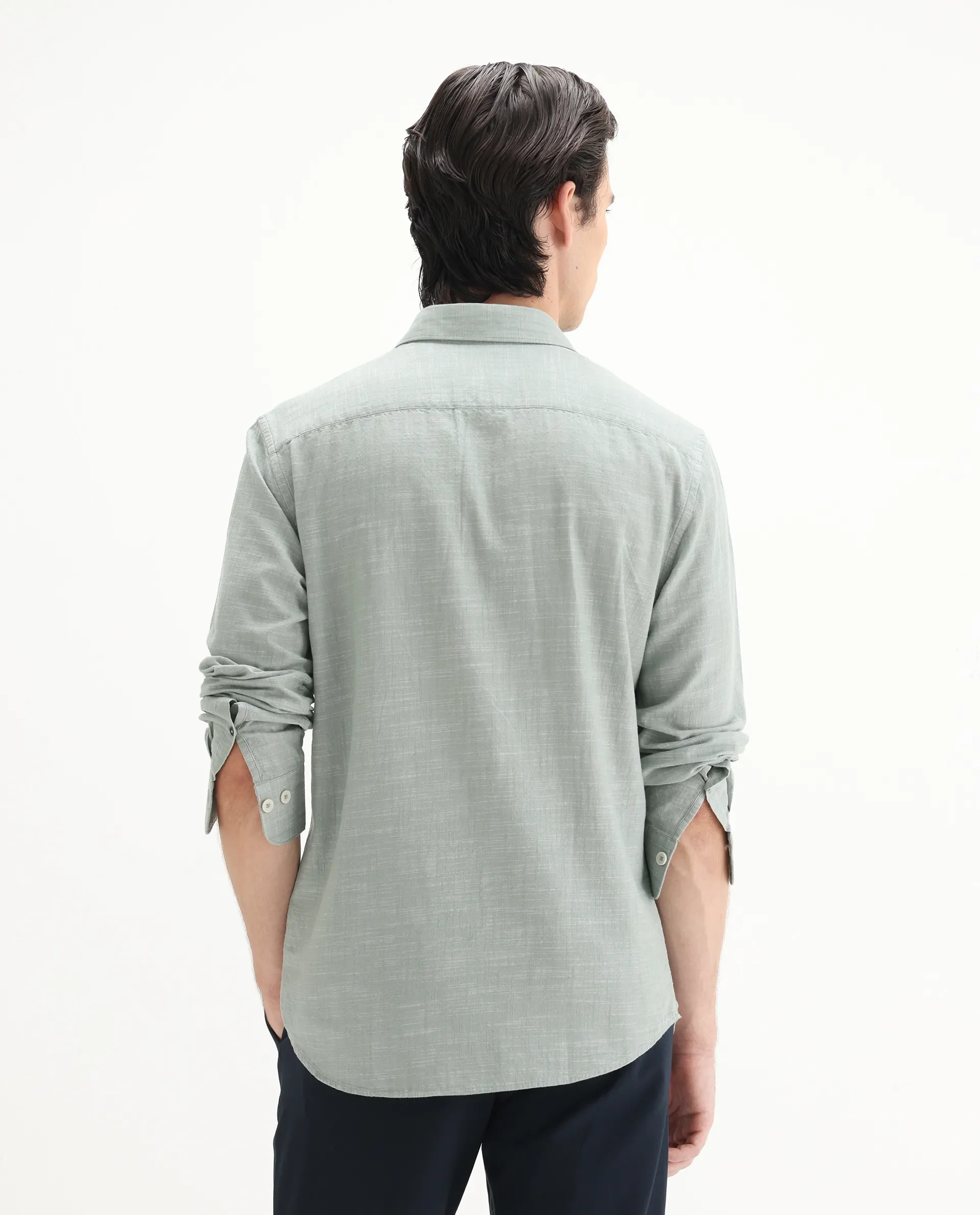 Rare Rabbit Men's Slub Sage Cotton Plain Regular Fit Full Sleeve Collared Shirt - Image 7