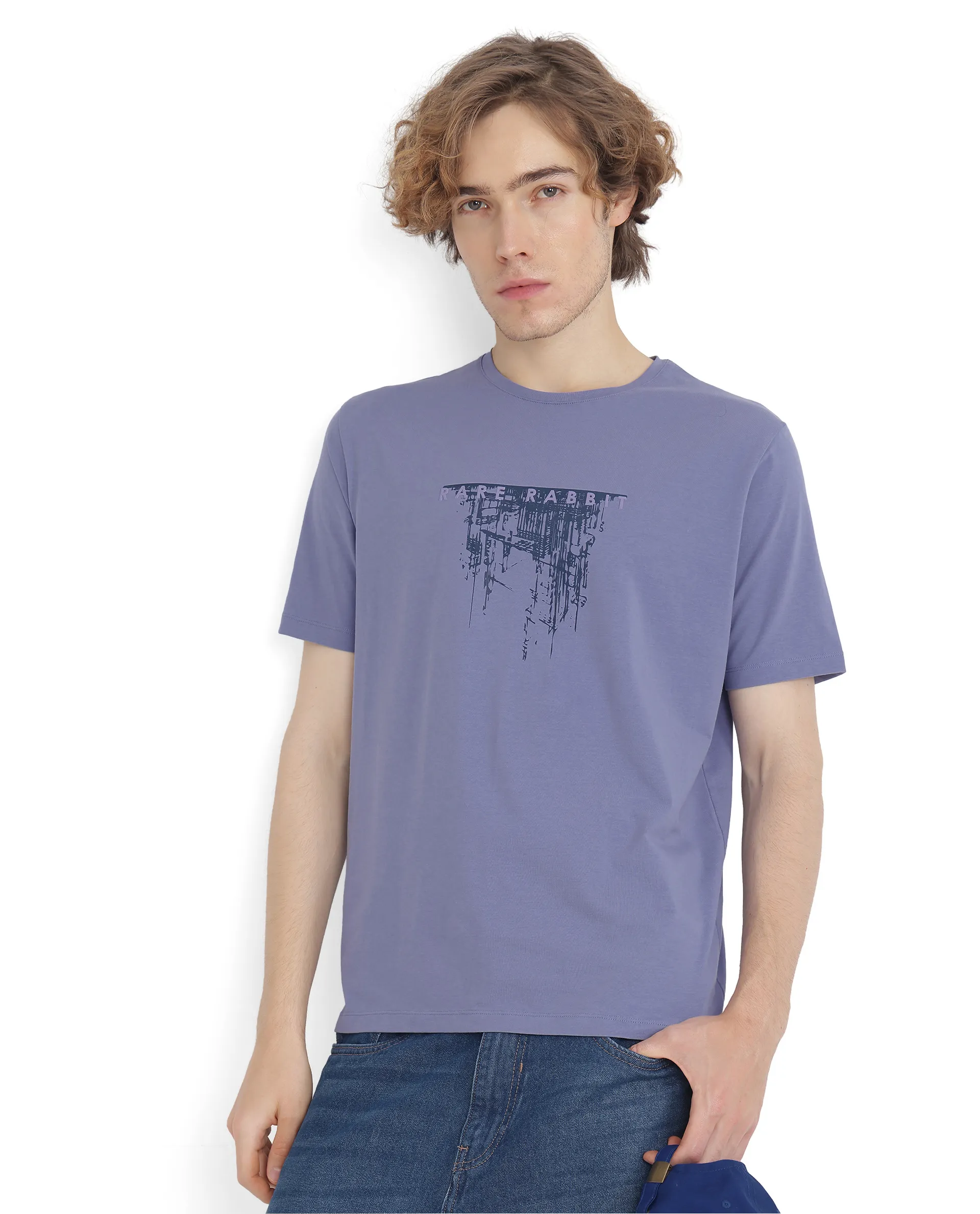 Rare Rabbit Men's Slyn Pastel Purple Cotton Blend Hd Print Regular Fit Half Sleeve Crew Neck T-Shirt