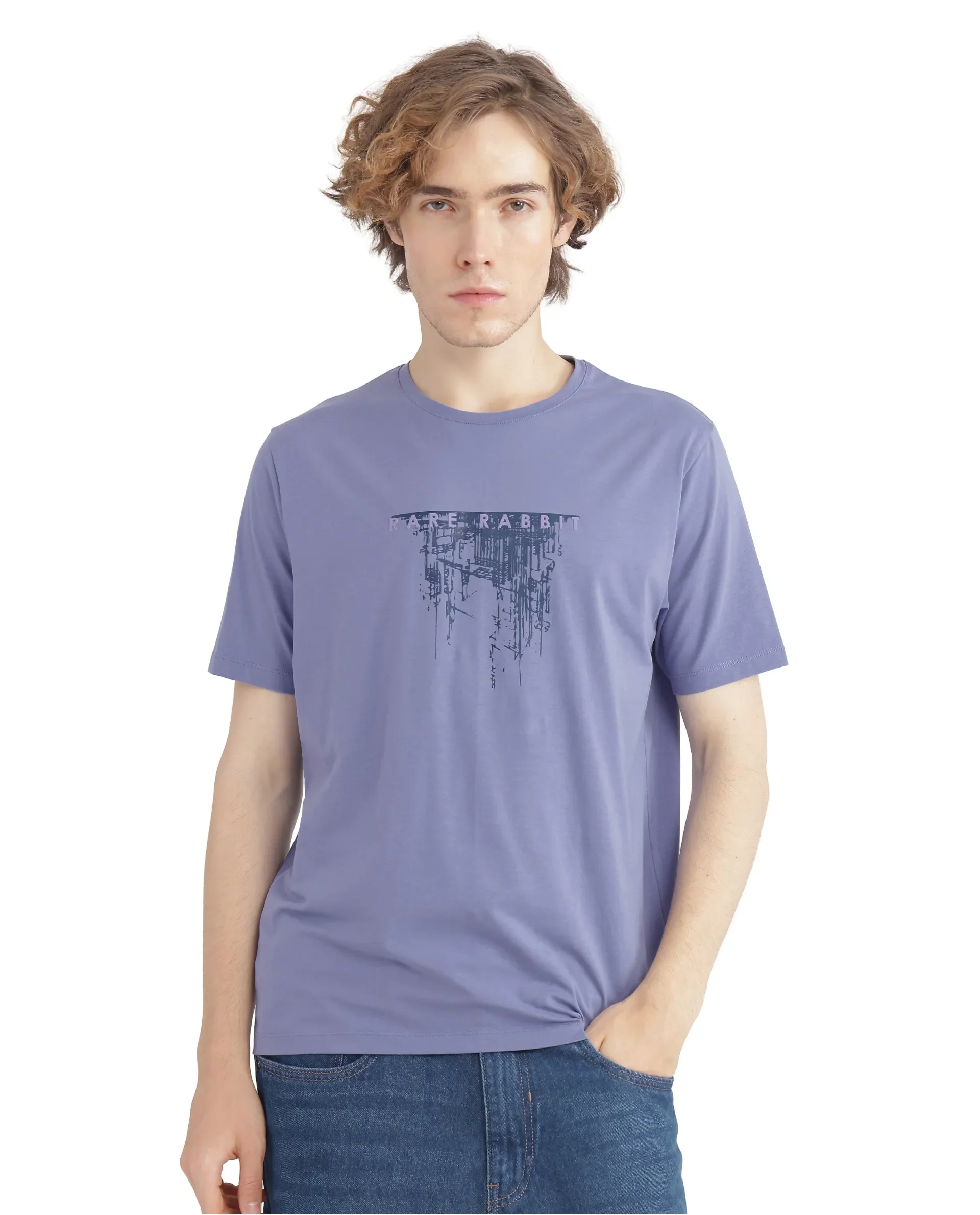 Rare Rabbit Men's Slyn Pastel Purple Cotton Blend Hd Print Regular Fit Half Sleeve Crew Neck T-Shirt - Image 2