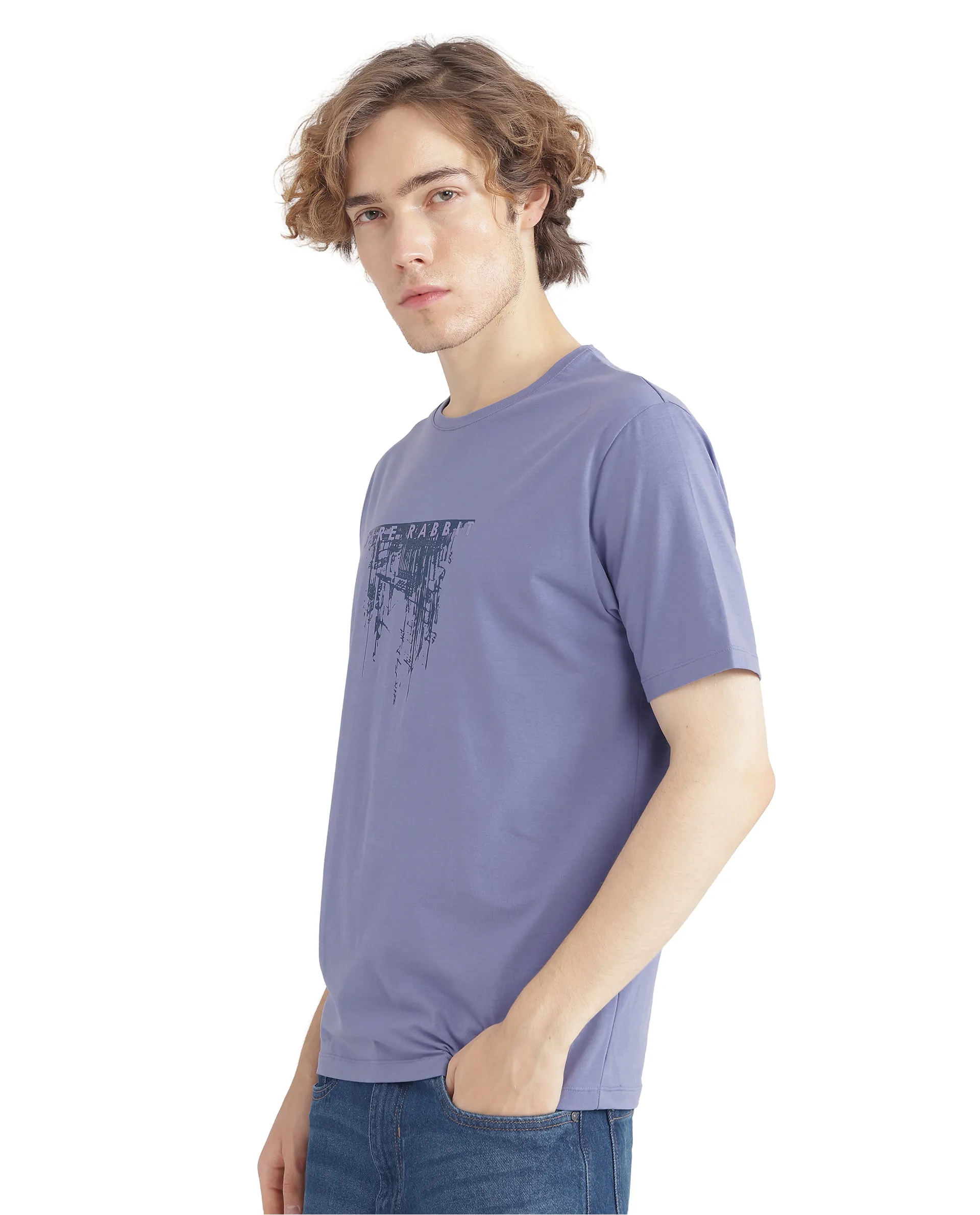 Rare Rabbit Men's Slyn Pastel Purple Cotton Blend Hd Print Regular Fit Half Sleeve Crew Neck T-Shirt - Image 5