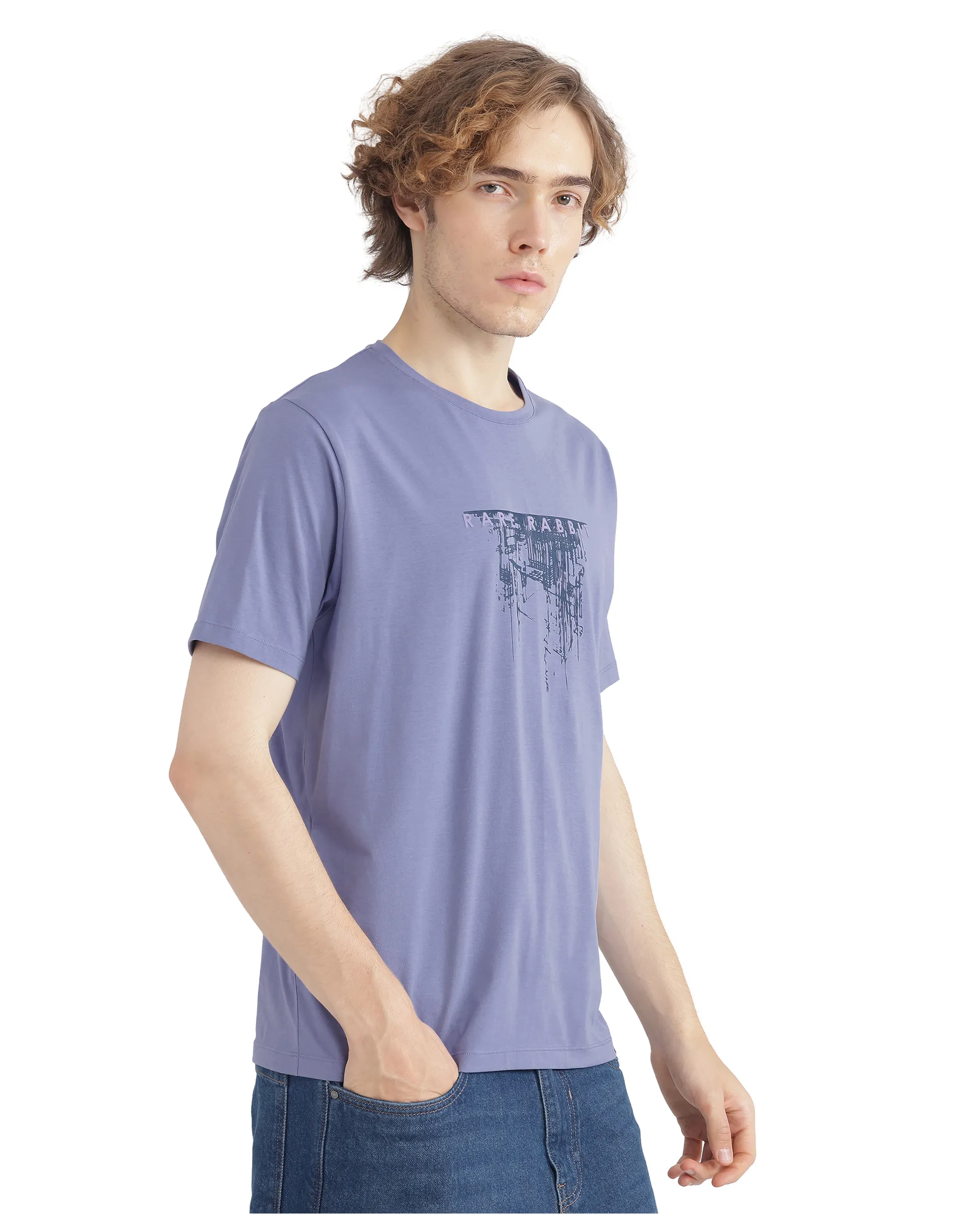 Rare Rabbit Men's Slyn Pastel Purple Cotton Blend Hd Print Regular Fit Half Sleeve Crew Neck T-Shirt - Image 6