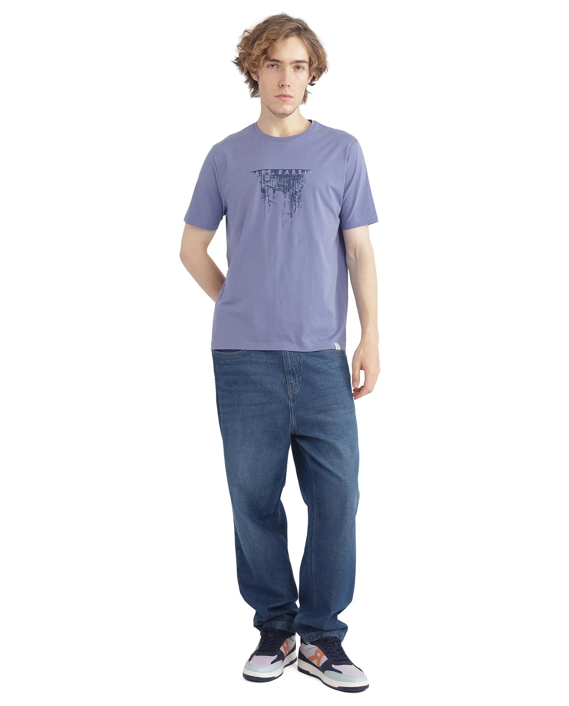Rare Rabbit Men's Slyn Pastel Purple Cotton Blend Hd Print Regular Fit Half Sleeve Crew Neck T-Shirt - Image 7