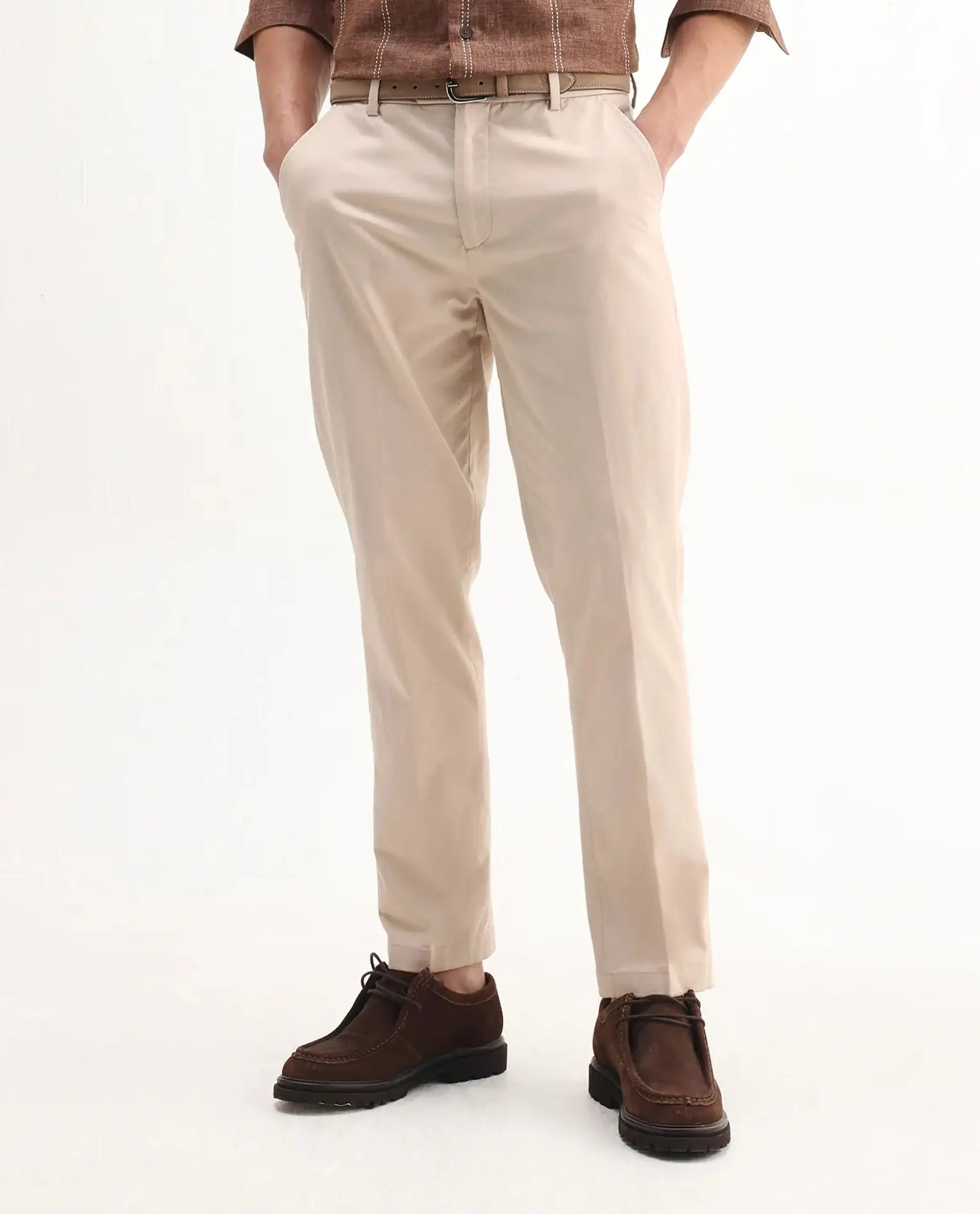 Rare Rabbit Men's Smart Beige Cotton Blend Plain Regular Fit Trouser - Image 10