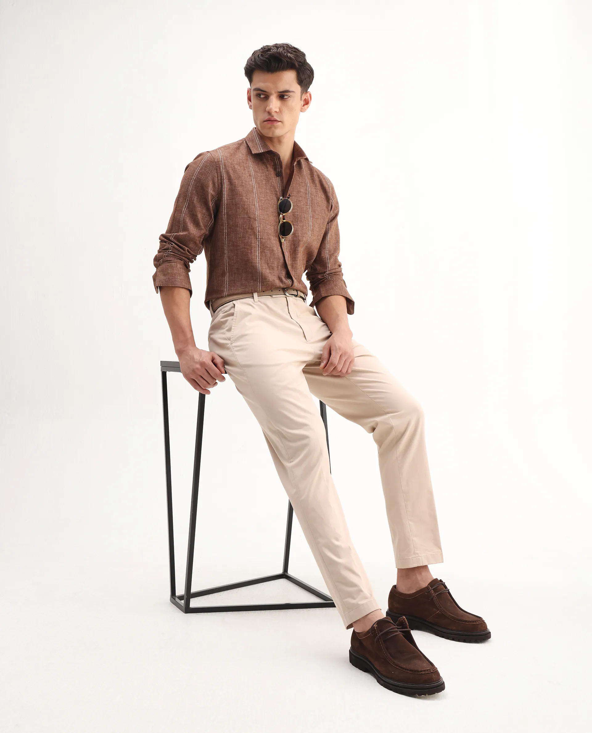 Rare Rabbit Men's Smart Beige Cotton Blend Plain Regular Fit Trouser - Image 2