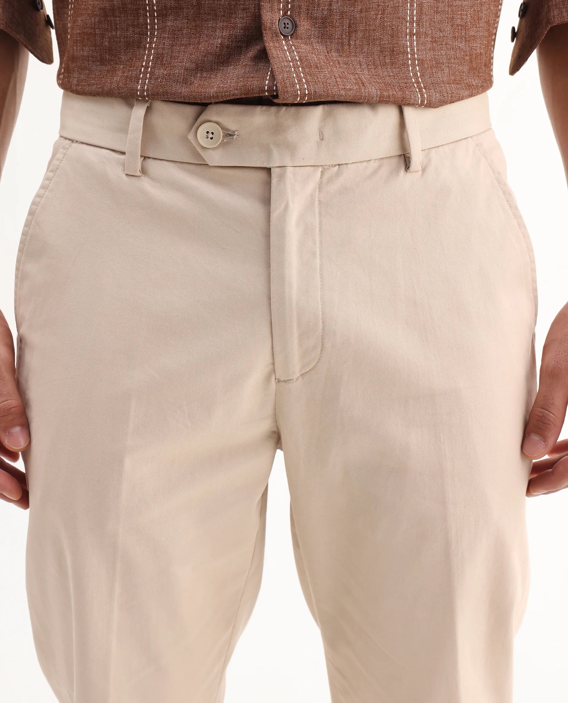 Rare Rabbit Men's Smart Beige Cotton Blend Plain Regular Fit Trouser - Image 3