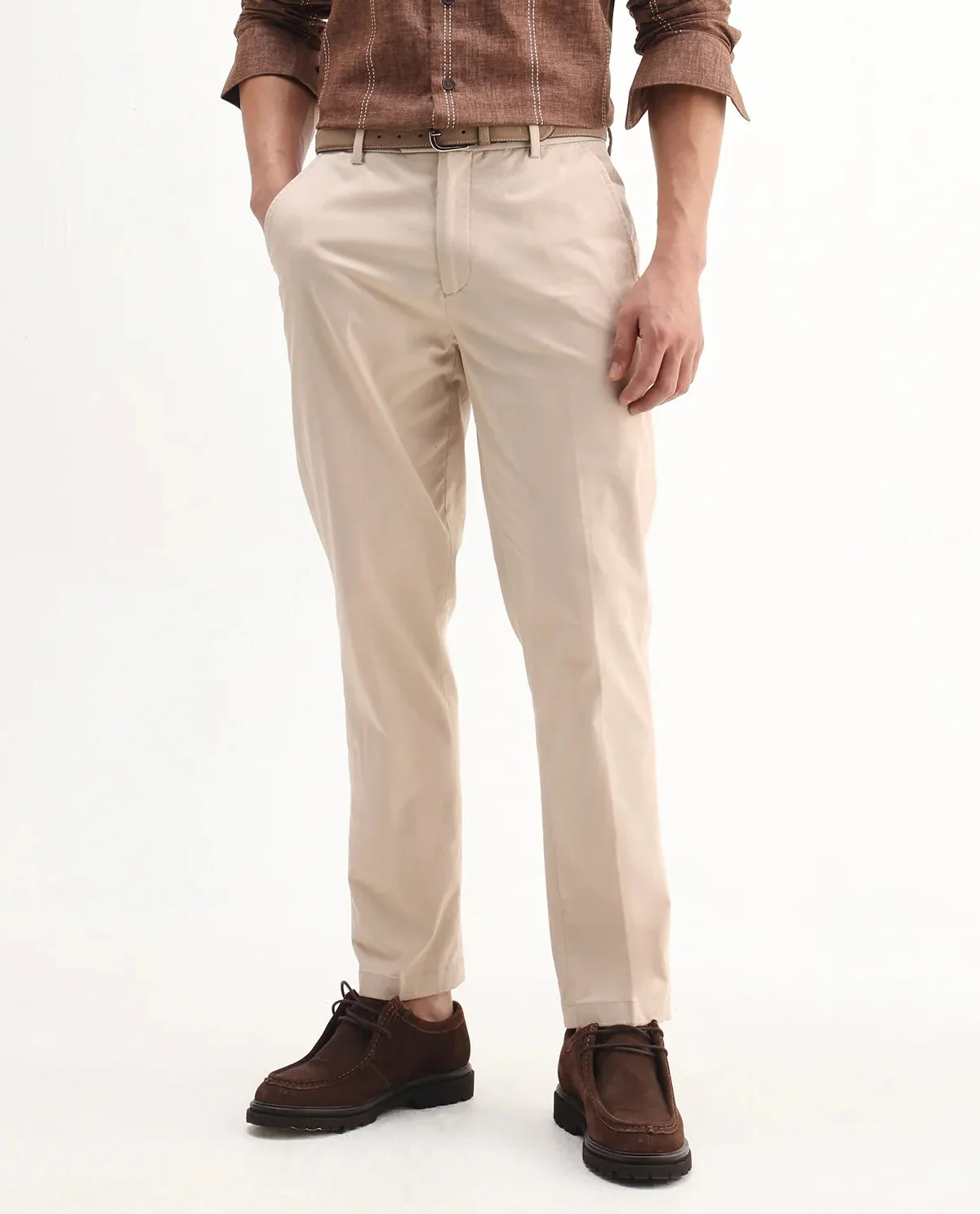 Rare Rabbit Men's Smart Beige Cotton Blend Plain Regular Fit Trouser - Image 4