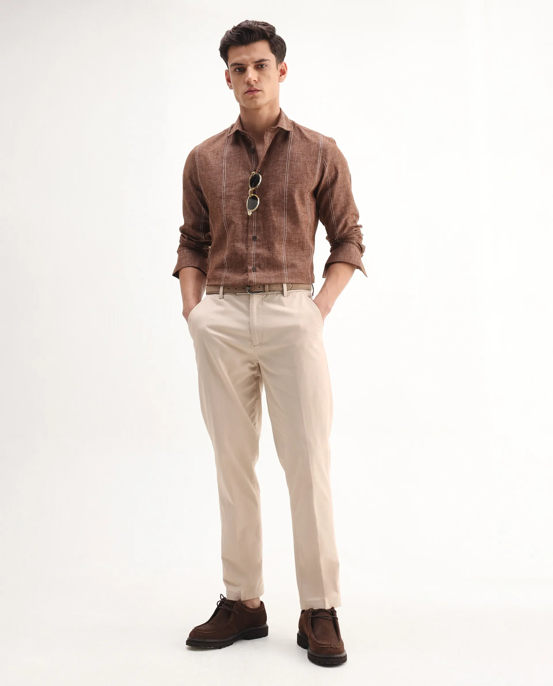 Rare Rabbit Men's Smart Beige Cotton Blend Plain Regular Fit Trouser - Image 6