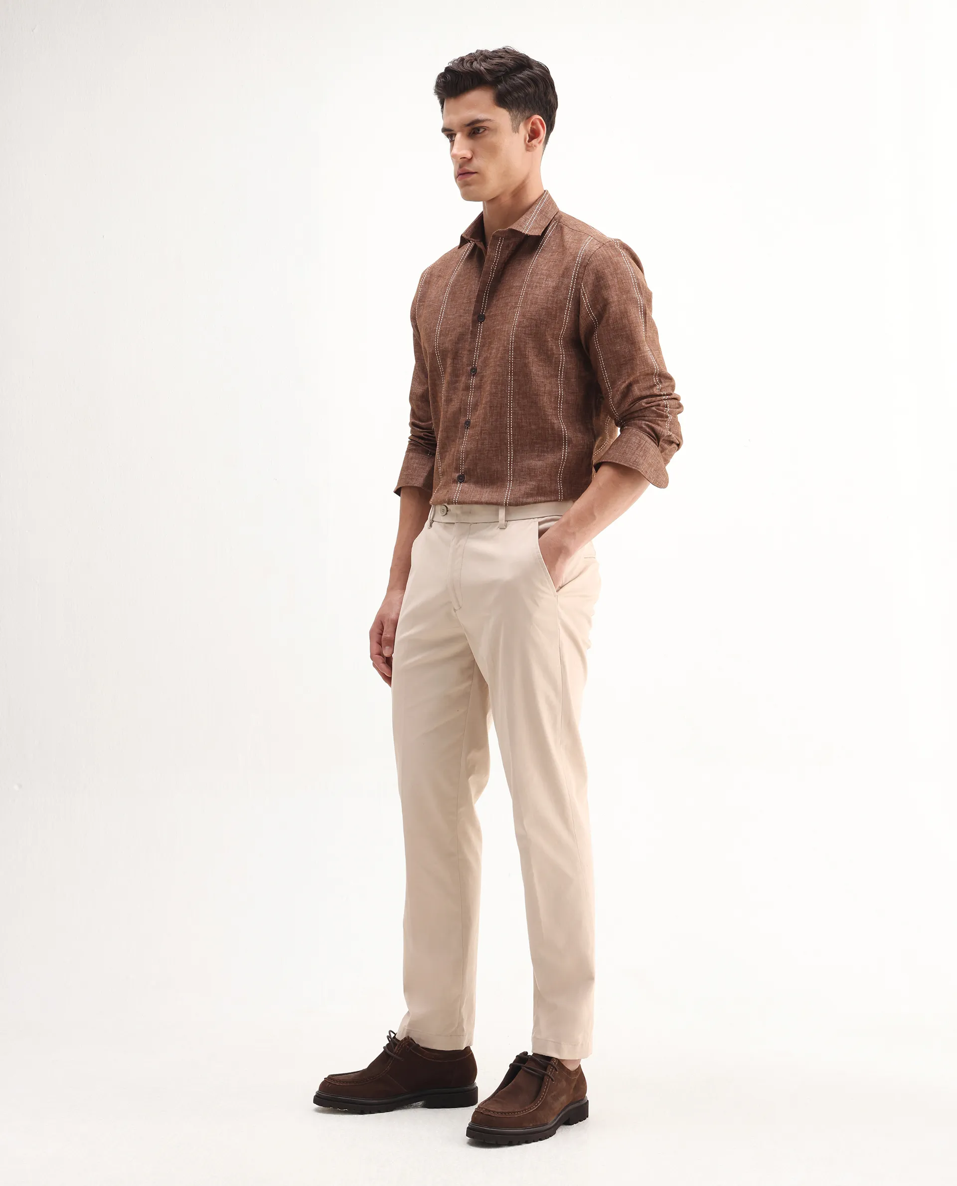 Rare Rabbit Men's Smart Beige Cotton Blend Plain Regular Fit Trouser - Image 7