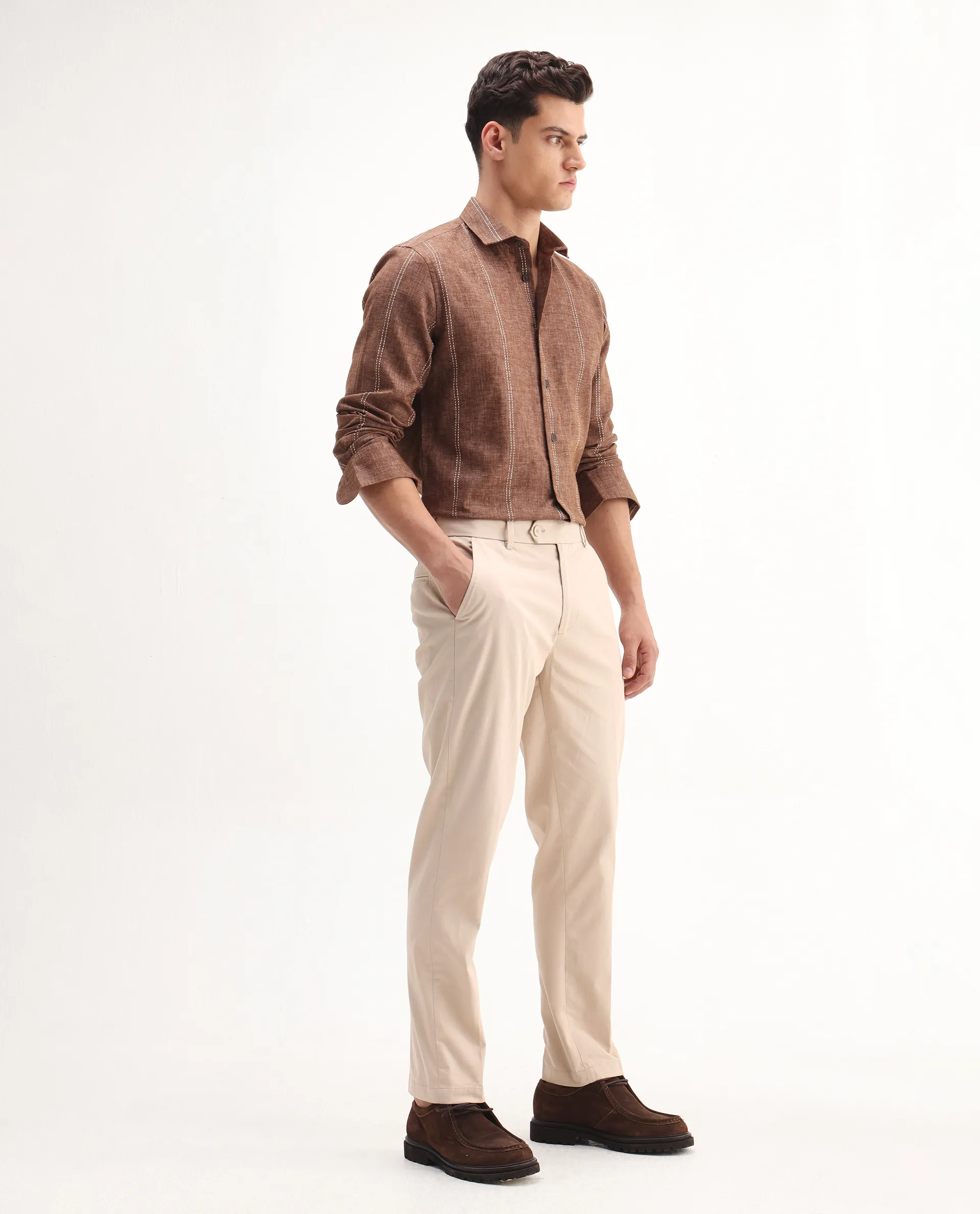 Rare Rabbit Men's Smart Beige Cotton Blend Plain Regular Fit Trouser - Image 8