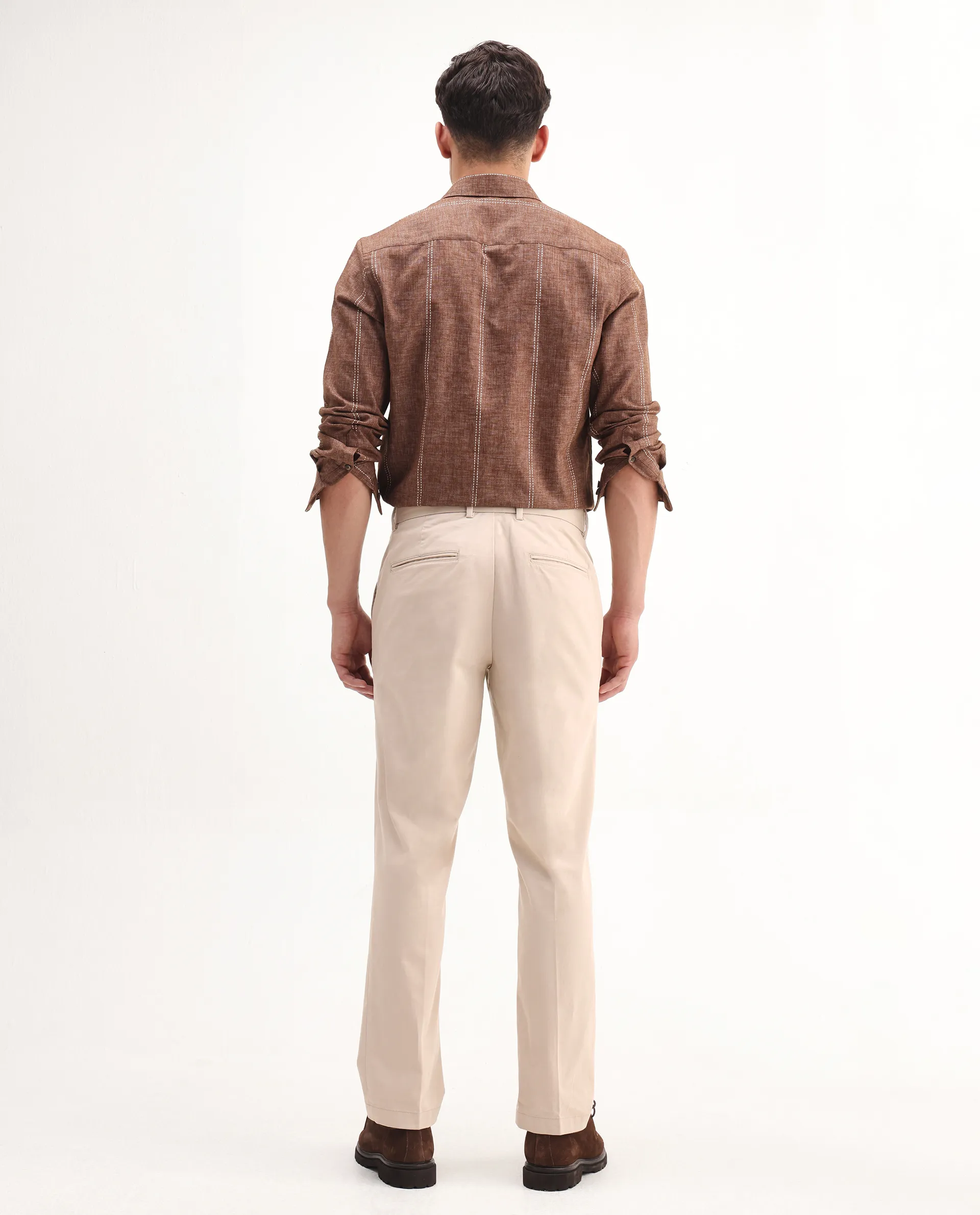 Rare Rabbit Men's Smart Beige Cotton Blend Plain Regular Fit Trouser - Image 9
