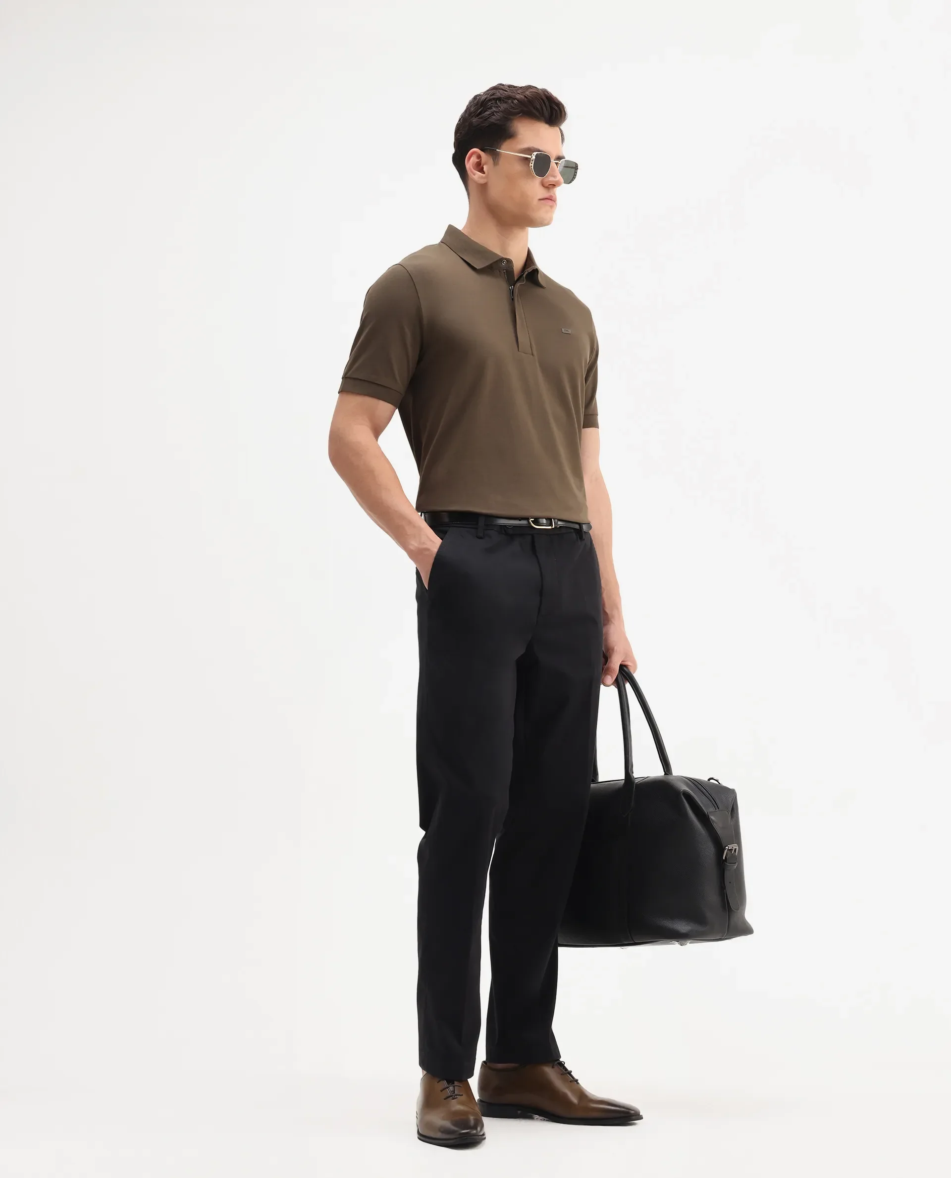 Rare Rabbit Men's Smart Black Cotton Blend Plain Regular Fit Trouser
